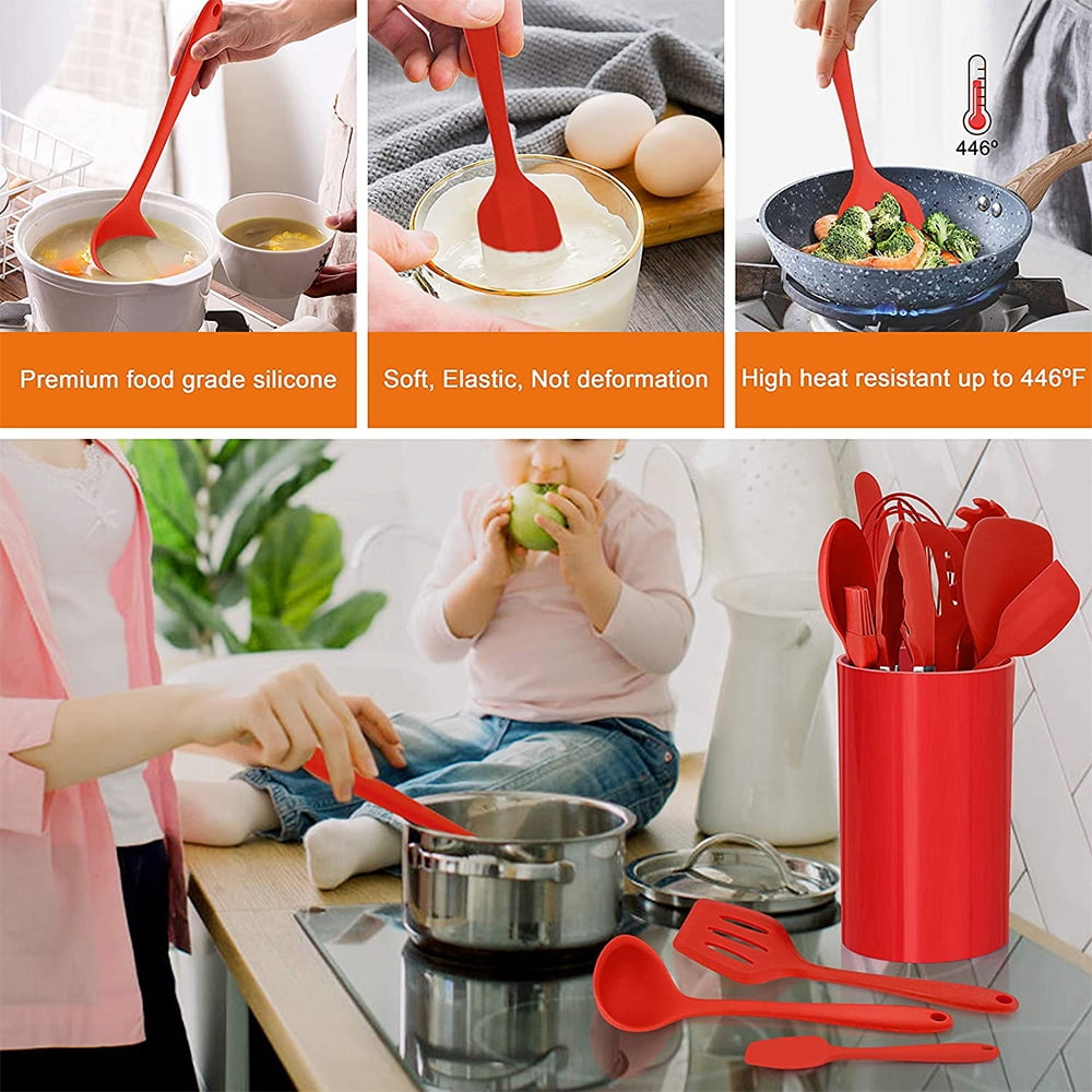 Durable Steel 14 Pcs Cooking Utensils Set with Holder, Heat Resistant Silicone Kitchen Cookware Utensils Set, Kitchen Cooking Tools... - High-Precision Culinary Tool for Baking & Cooking Detail