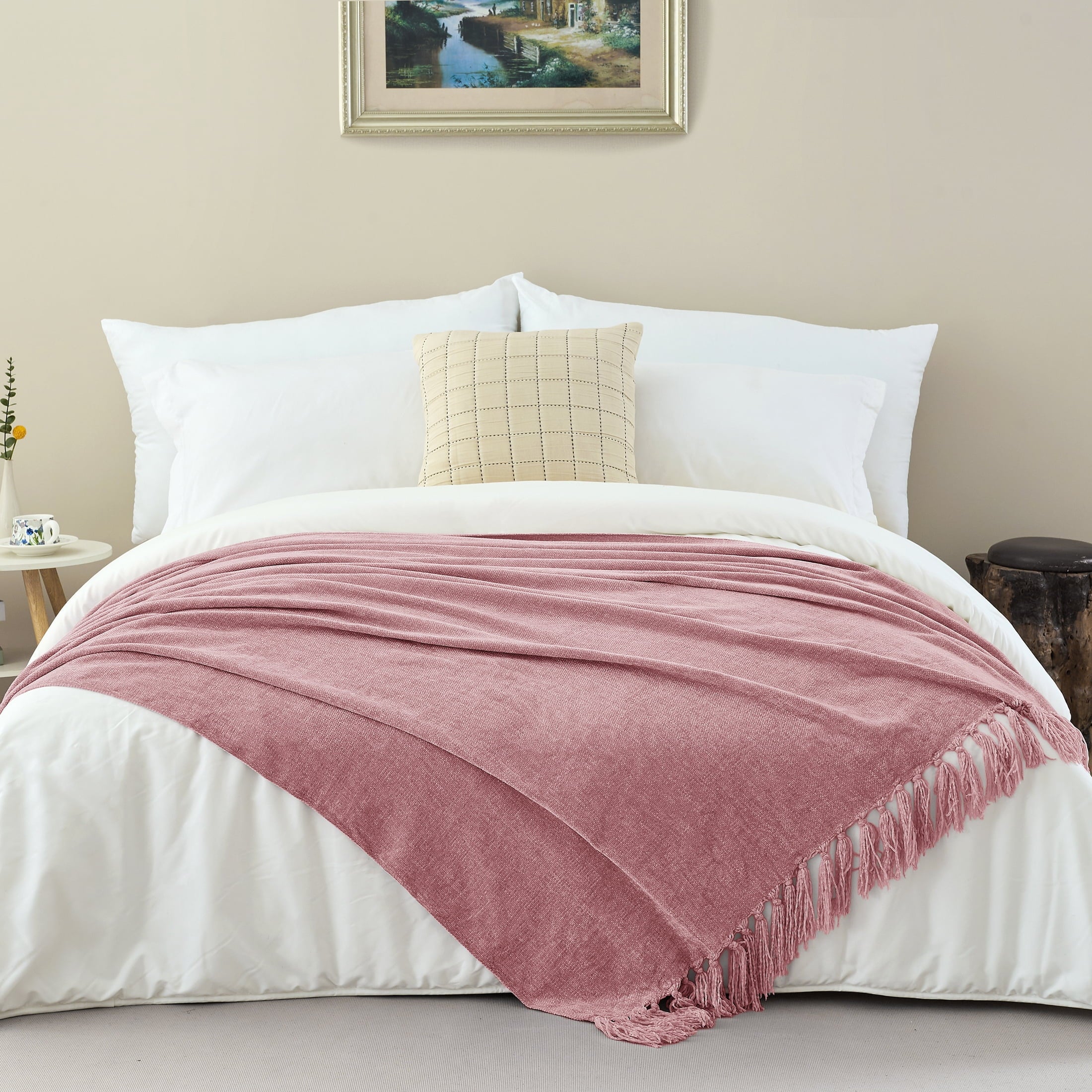 Super Soft Flannel Chenille Throw Blanket with Fringe Tassel for Couch Sofa Chair Bed, Mauve 50" X 70" - Luxury Knitted Decorative Throw Blanket with Fringes Detail