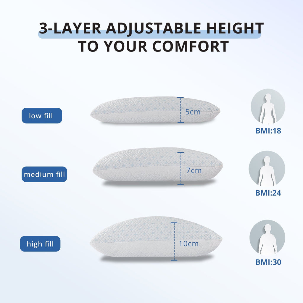 Decorative Plump 2-Pack Adjustable Cooling Bed Pillows, Shredded Memory Foam Pillows Set of 2, Standard Queen, Dual Sides - Hotel Quality Plush Sleeping Pillows Detail