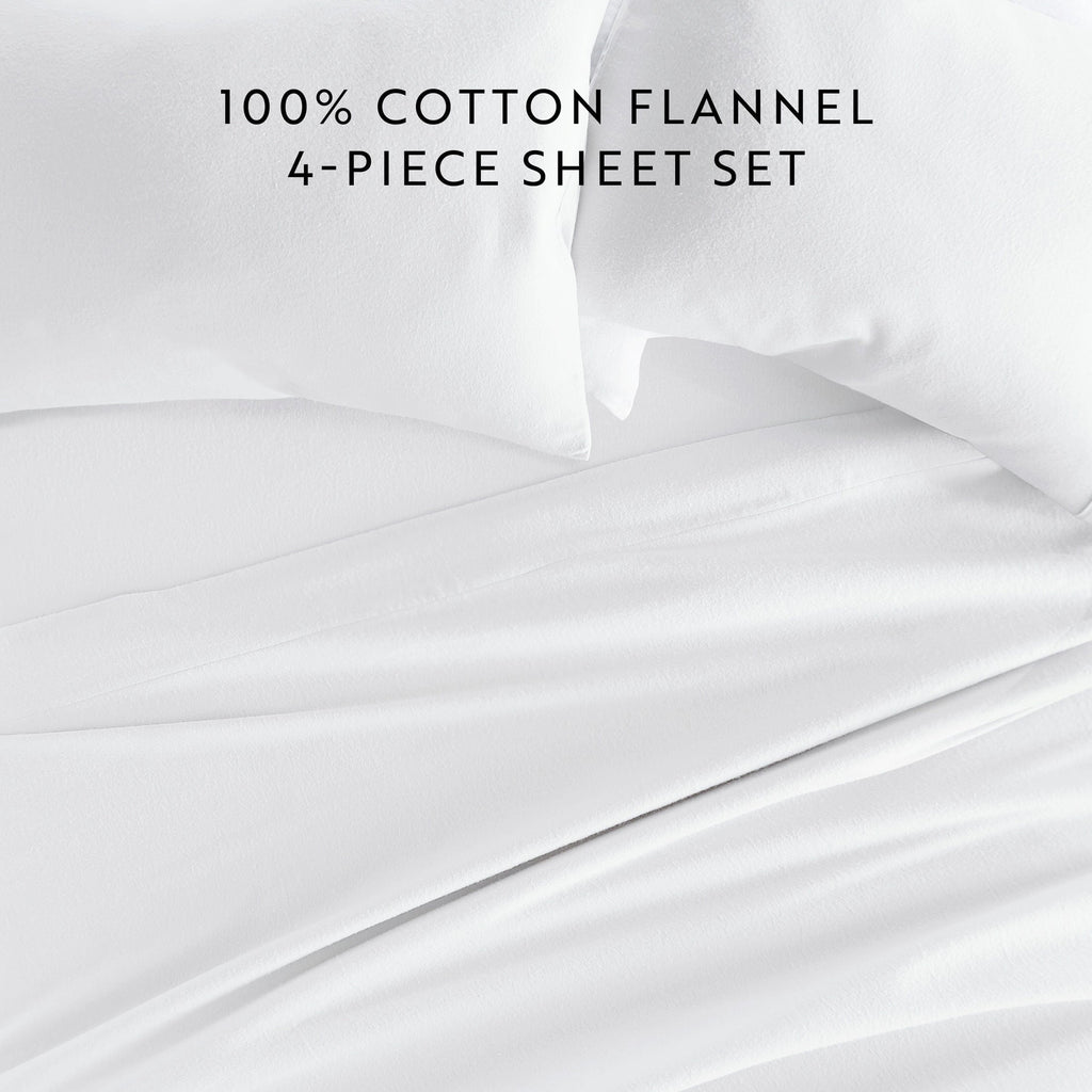 Cooling Sateen 100% Cotton Flannel Bed Sheets Set for Full Size Bedding in White - Breathable Egyptian Cotton Flat & Fitted Sheets Detail