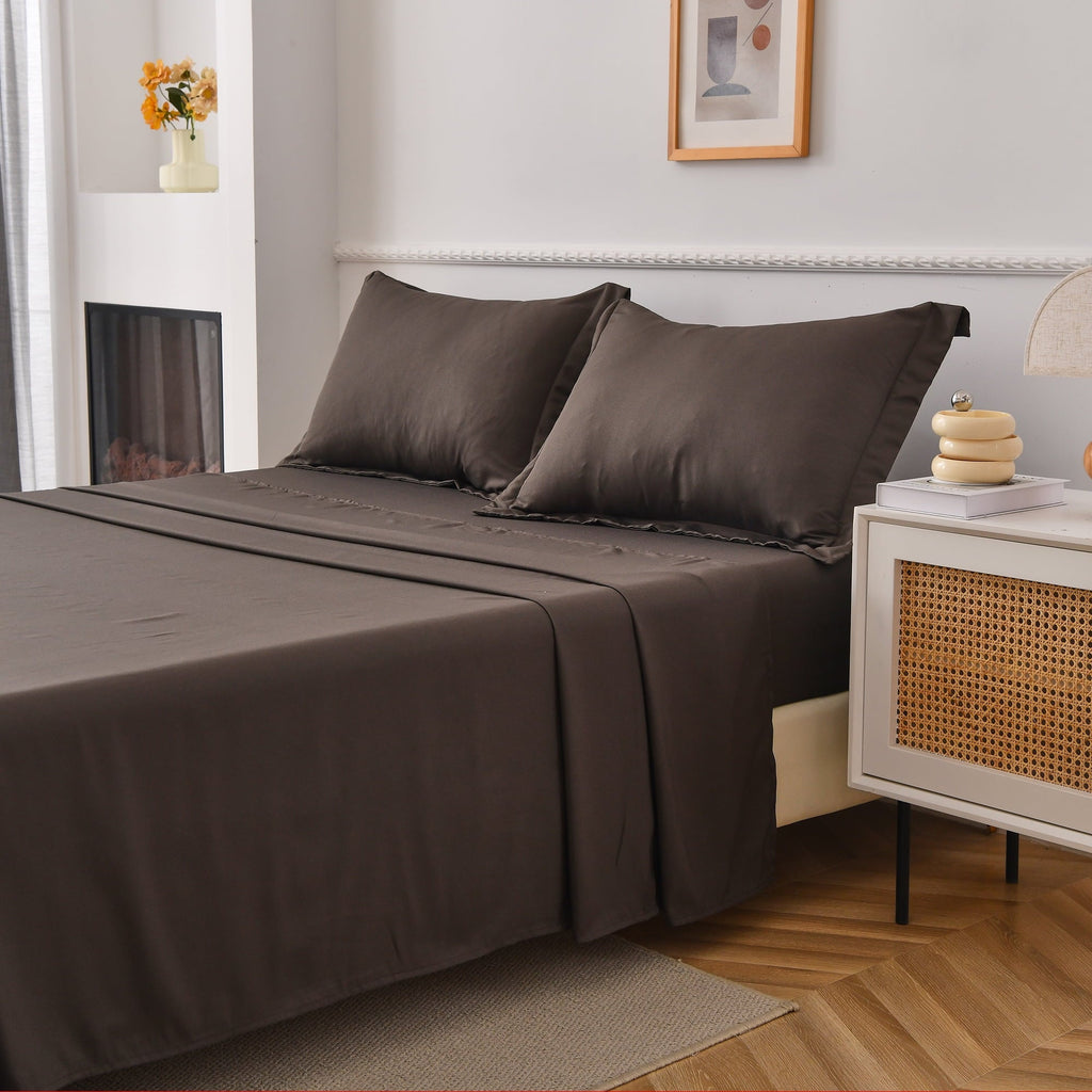 Premium Egyptian Cotton Bed Sheets Set 4 Piece Queen/Full Sheet Set Brown Gray Cotton Blend Fitted Sheet, Flat Sheet & 2 Pillowcases Bedding Set - Cooling Hotel Quality Bedding Sheets and Pillowcases Detail