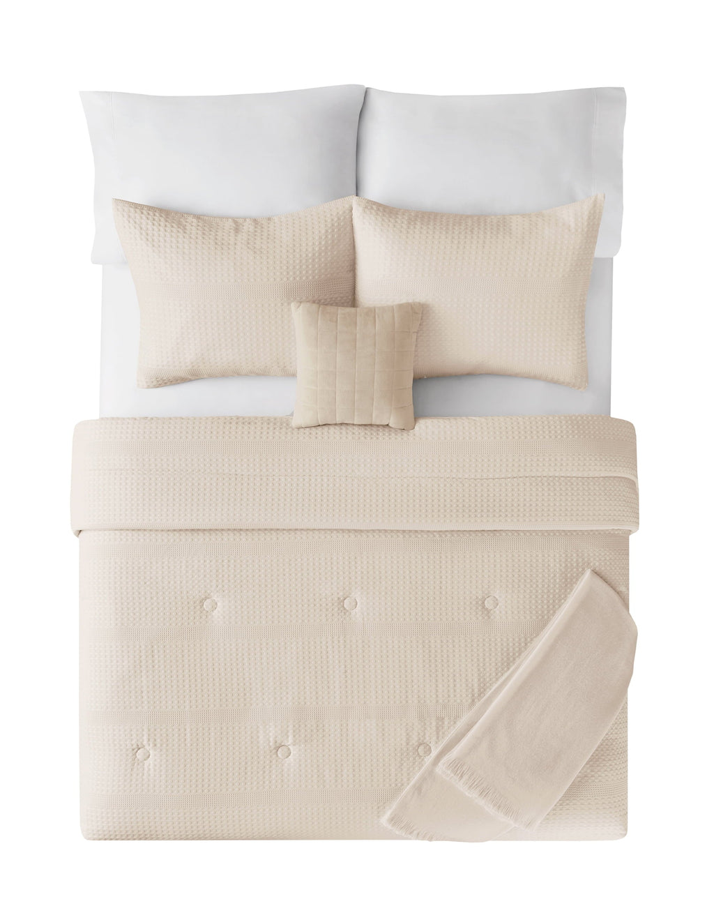 Luxurious Quilted 5-Piece Papyrus Beige Waffle Comforter Set, Full/Queen - Hypoallergenic Ultra-Fluffy Quilt for Winter Detail