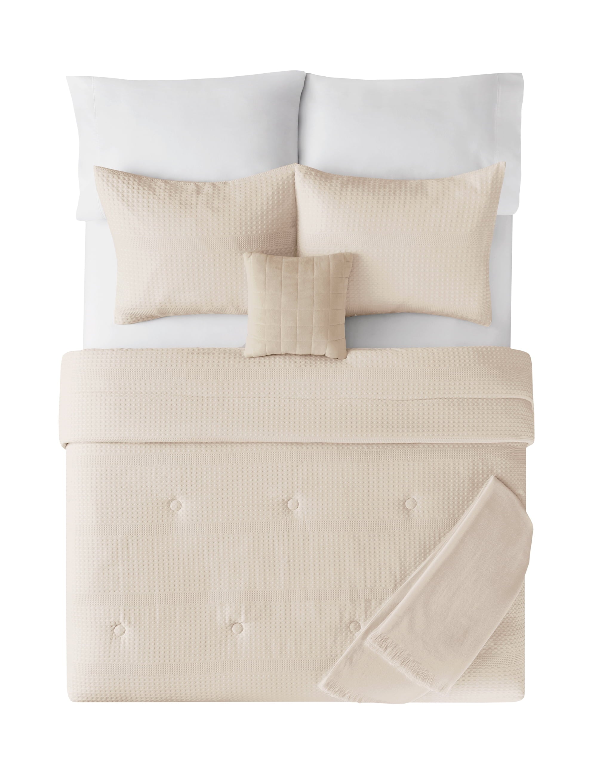 Luxurious Quilted 5-Piece Papyrus Beige Waffle Comforter Set, Full/Queen - Hypoallergenic Ultra-Fluffy Quilt for Winter Detail