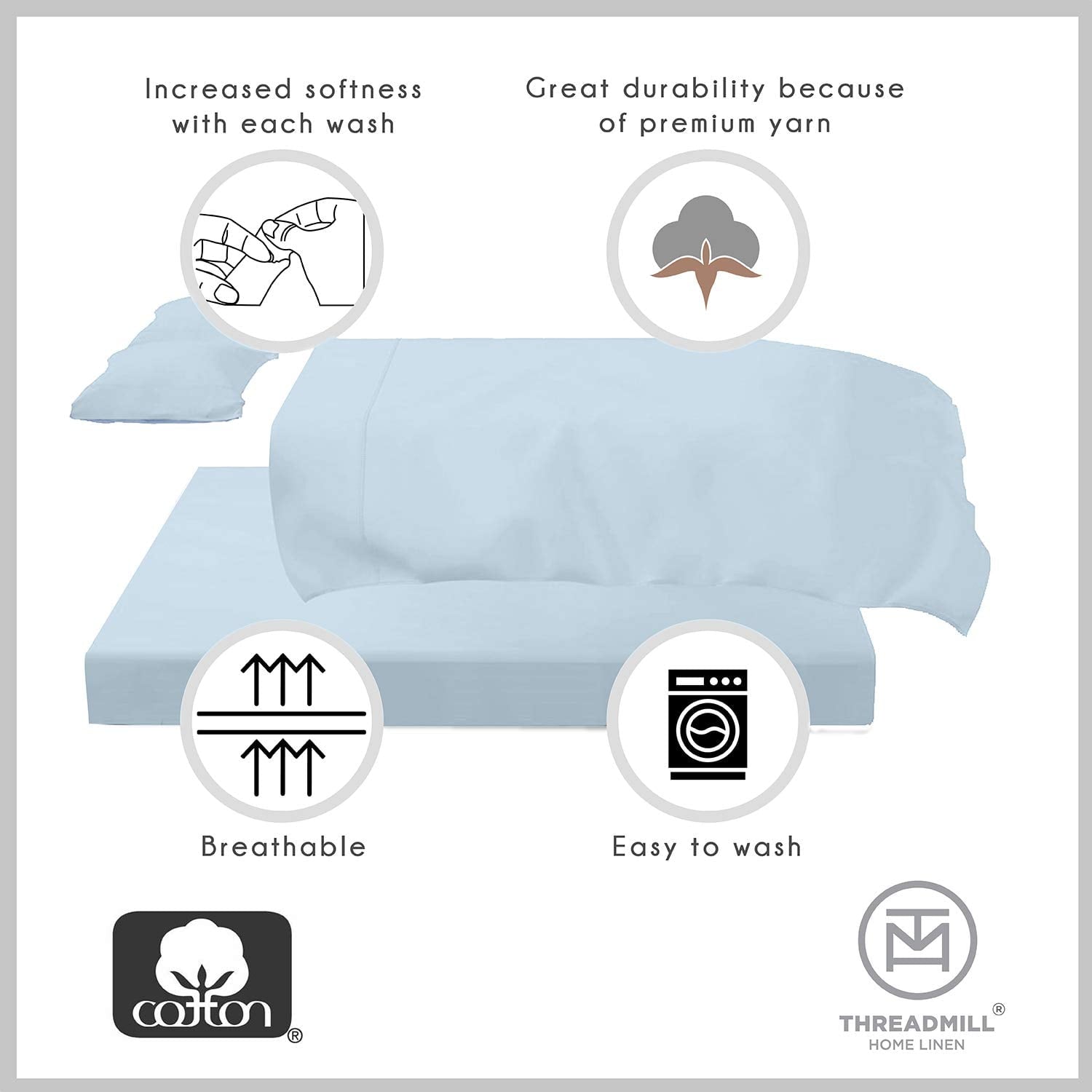 Premium Egyptian Cotton 100% Cotton King Bed Sheets Set - 4-Piece, 300 Thread Count, Lightweight Sateen, Light Blue - Cooling Hotel Quality Bedding Sheets and Pillowcases Detail