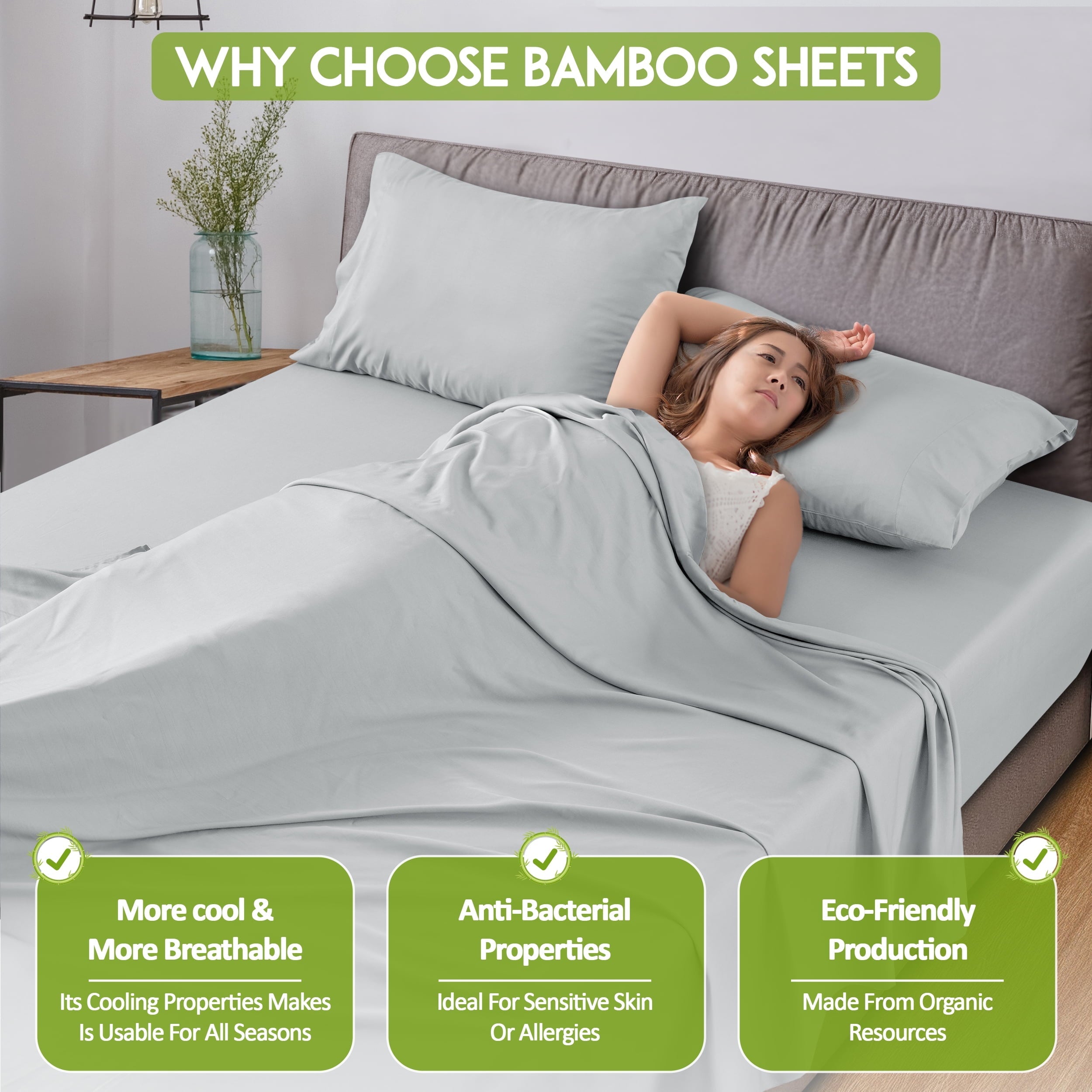 Cooling Sateen Rayon - 4 Piece Cooling Bed Sheets Set, Gray - Breathable Egyptian Cotton Flat & Fitted Sheets Detail