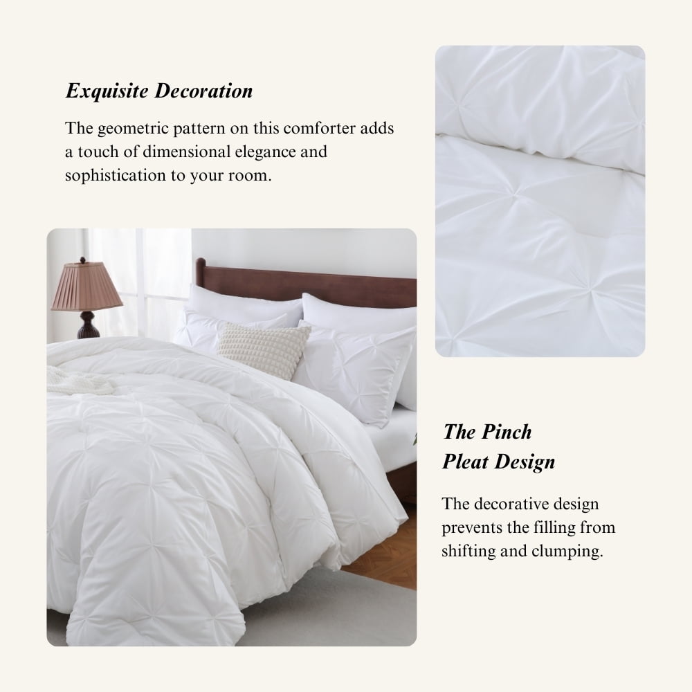 Heavyweight Warmth 7 Pieces Pinch-Pleated Comforter Set, White Queen Size - Luxurious Quilted Duvet Cover Set Detail