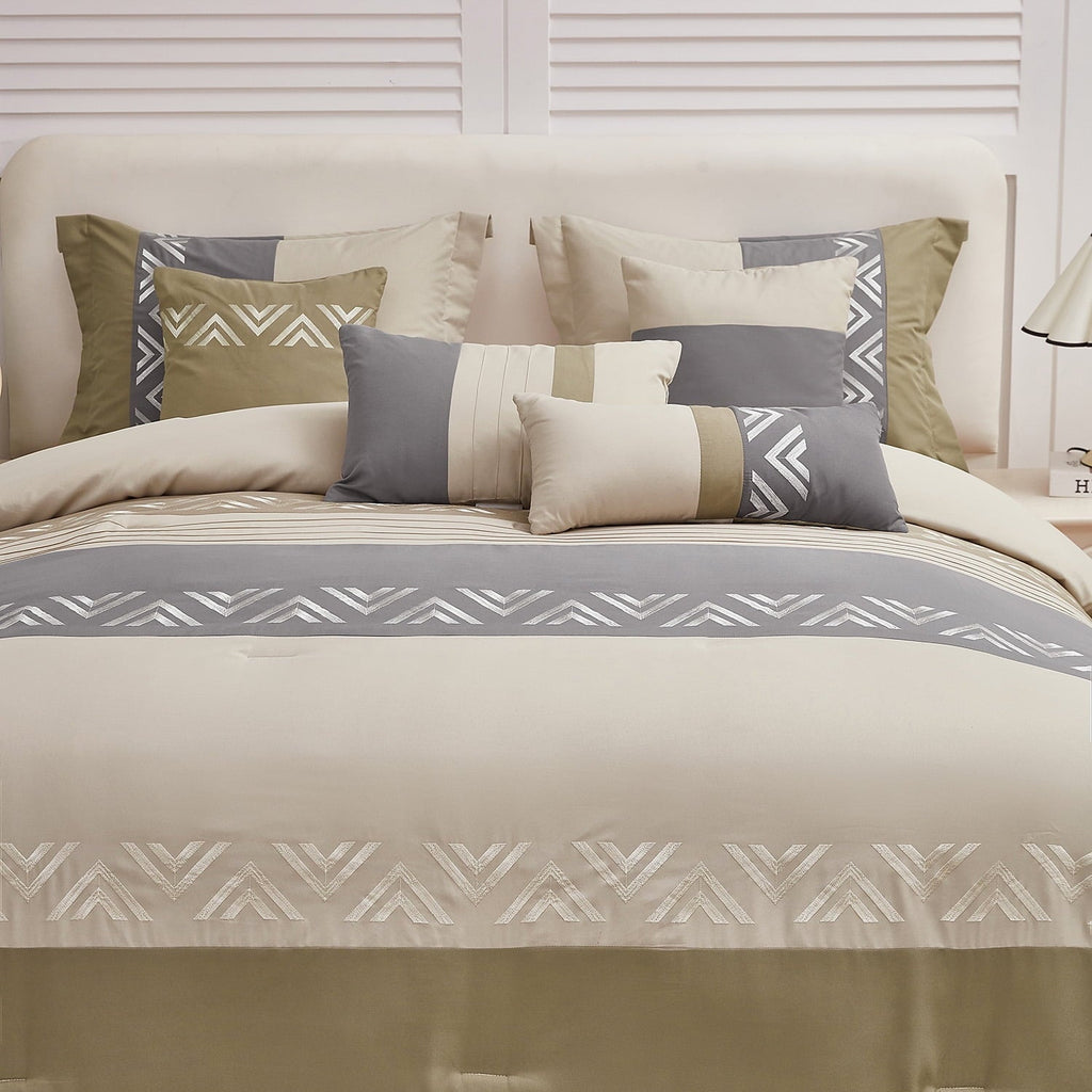 All-Season 7 Piece Embroidery Design Bed-in-a-Bag, Taupe Queen Size Ultra Soft Comforter Set for Adults - Luxurious Quilted Duvet Cover Set Detail