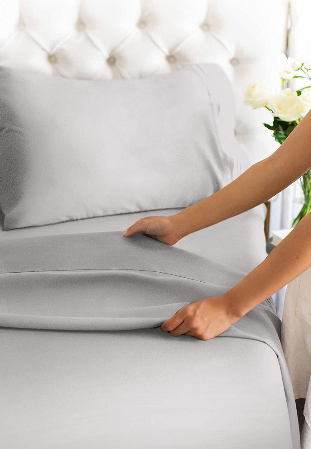 Breathable Luxury 4-Piece 400 Thread Count Cotton Sheet Set - King Size 100% Cotton Sateen Bed Sheets Fits 18"-24" Mattresse... - Luxury Bed Sheet Set with Deep Pockets Detail