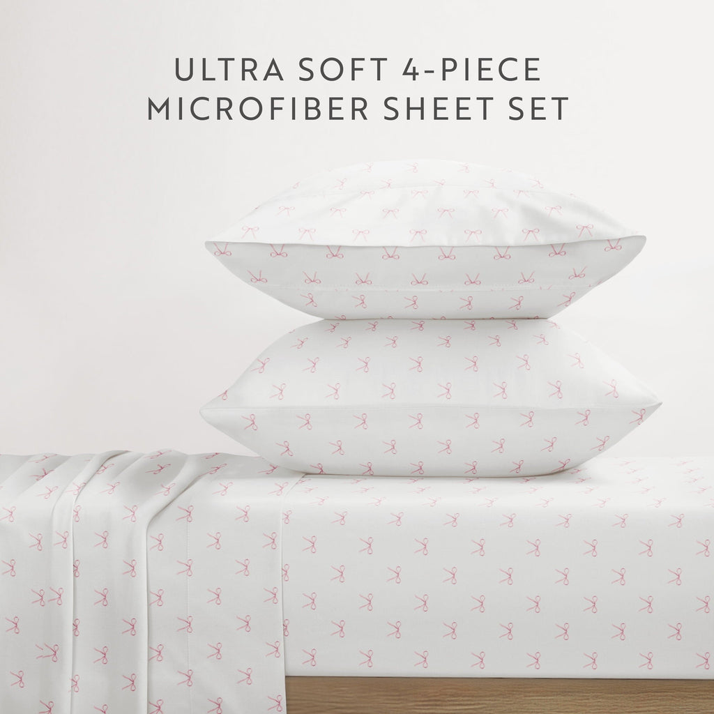 Premium Egyptian Cotton 3 Piece Ditsy Pattern Microfiber Bed Sheets, Pink Bows, Twin-XL - Luxury Bed Sheet Set with Deep Pockets Detail