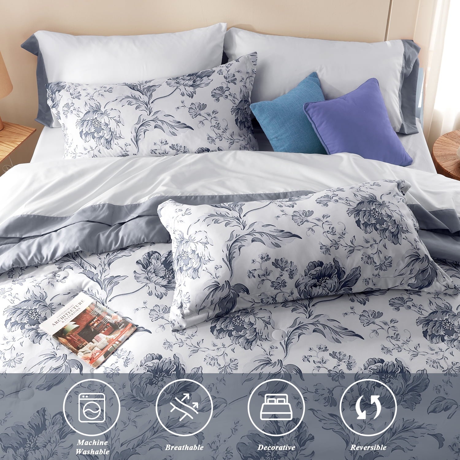 Fluffy Down Alternative Queen Comforter Sets,7-Pieces Reversible Bedding Sets,Bed in a Bag with Comforter,Flat Sheet and Fitted Sheet,Pillowc... - All-Season Down Alternative Comforter Insert Detail
