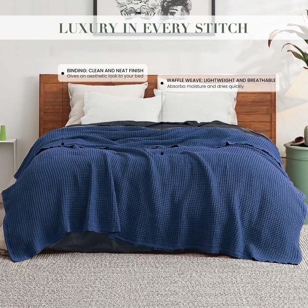 Cozy Fleece Twin Waffle Throw Blanket for Couch (68" x 92"), 100% Cotton Throw Blankets for Bed, Waffle Blanket for Bed (Navy) - Luxury Knitted Decorative Throw Blanket with Fringes Detail