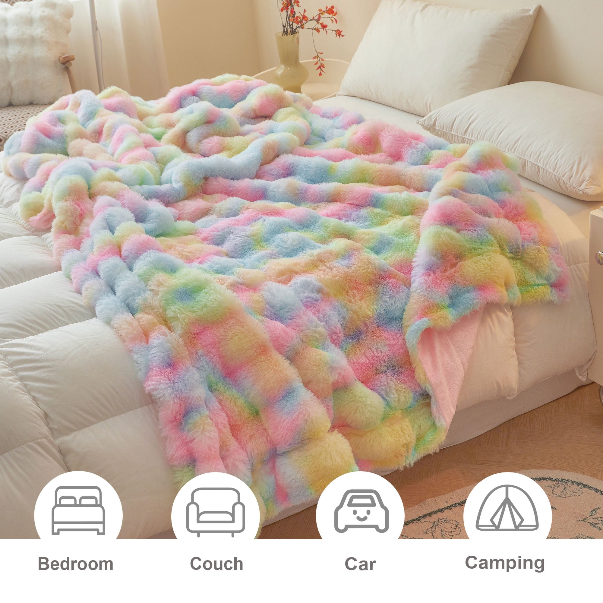 Lightweight Warm Fluffy Faux Rabbit Fur Bubble Throw, Rainbow Plush Shaggy Blanket for Couch Sofa Chair, Soft Tie Dye Furry Blanket Ad... - Lightweight Plush Warm Blanket for All Seasons Detail
