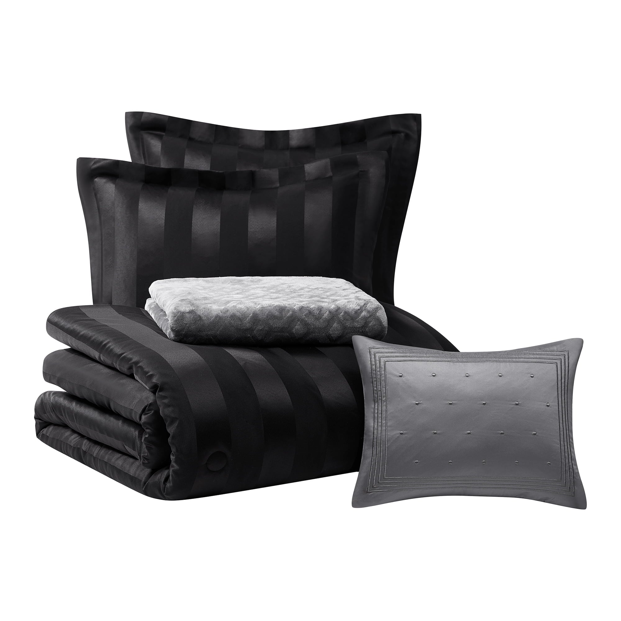 Hypoallergenic Cloud Rich Black 5 Piece Damask Stripe Comforter Set, King, Adult, Unisex - All-Season Down Alternative Comforter Insert Detail