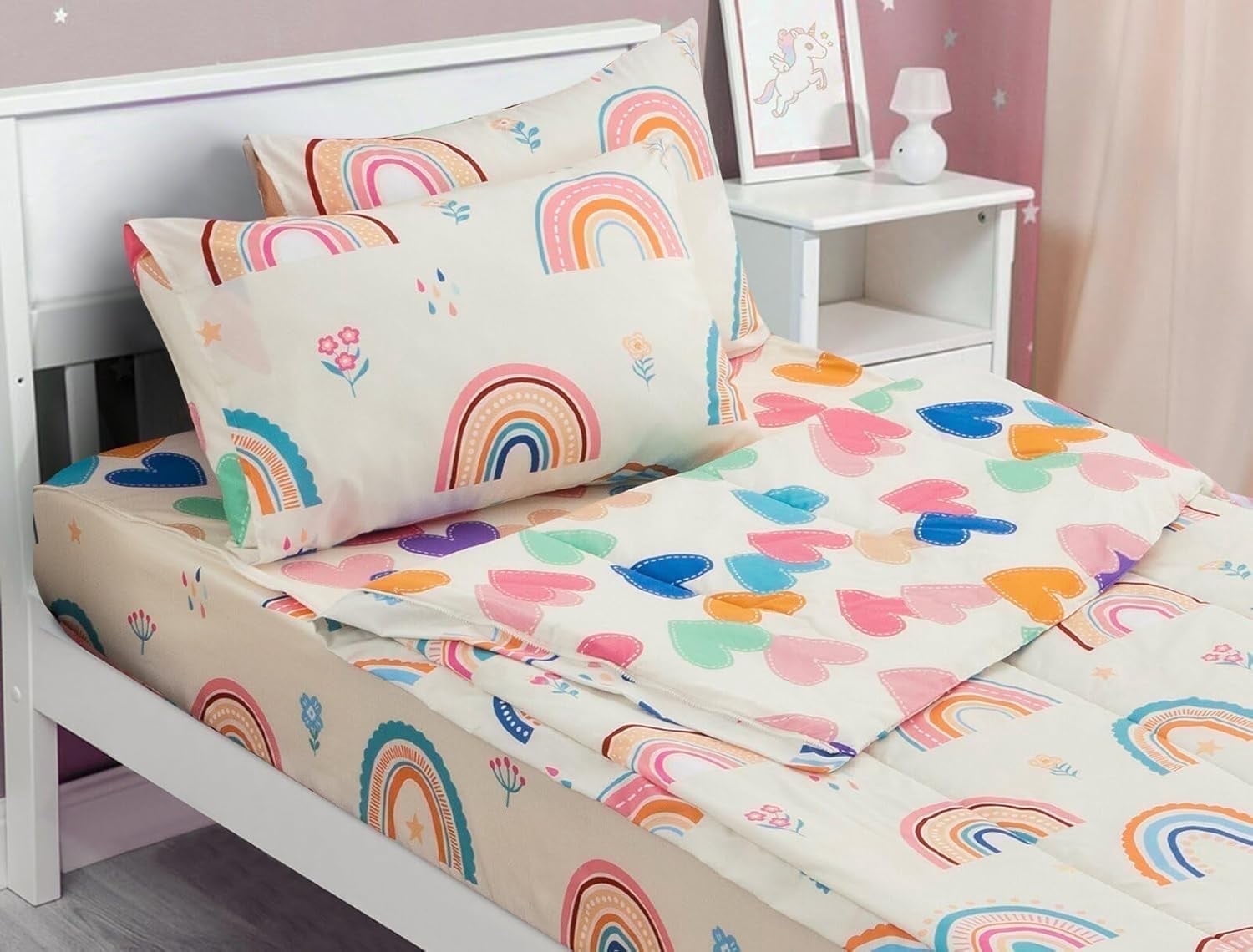 Fluffy Down Alternative 3-Piece Kids Comforter Set Twin Zipper Bedding for Girls, Rainbow Comforter with Flower Pattern (Beige) - Cloud-Like Soft Lightweight Bed Comforter - Default Title