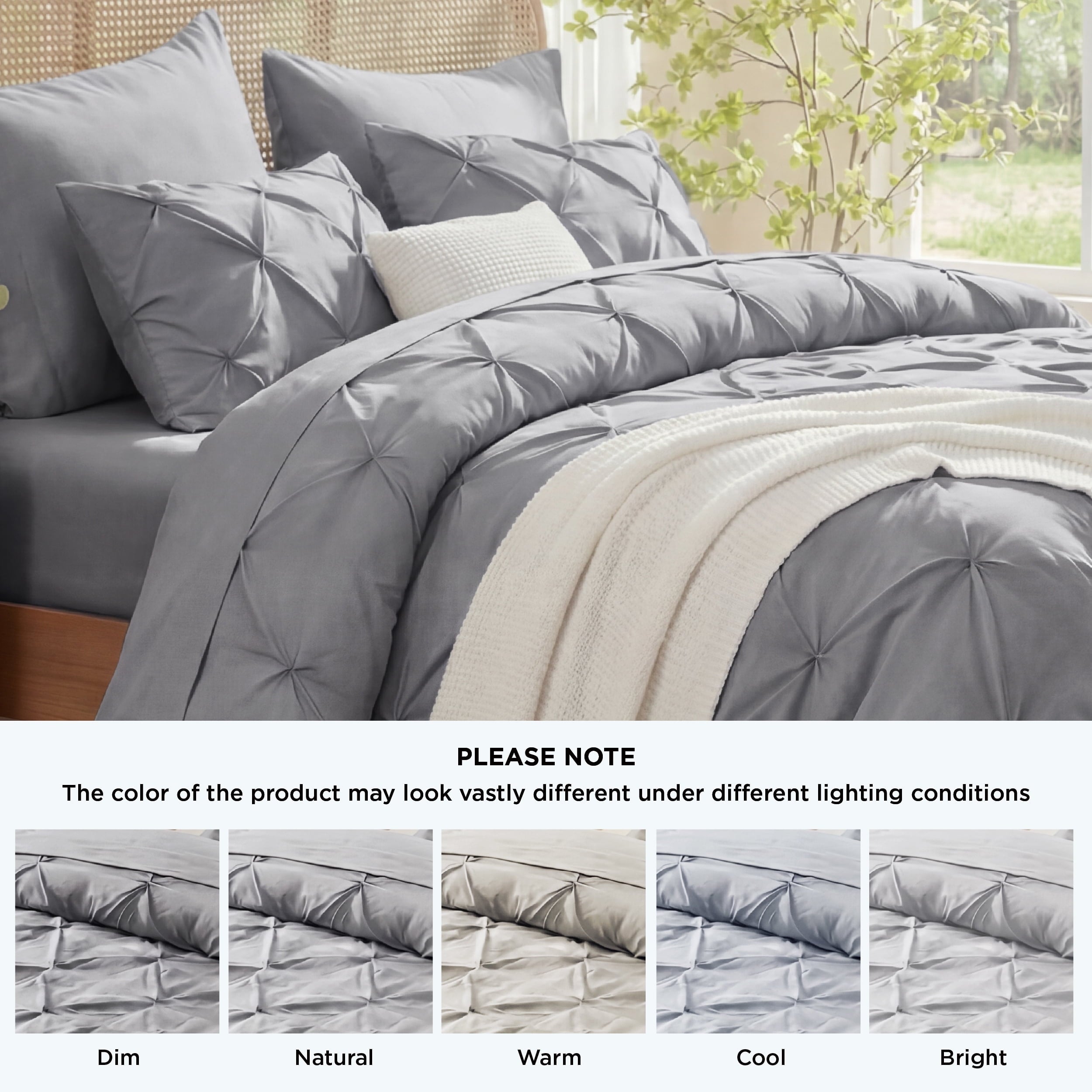 Fluffy Down Alternative Queen Comforter Set Grey, Bed in a Bag Queen Size Bedding, 7 Pieces Pinch Pleat All Season Comforter - Cloud-Like Soft Lightweight Bed Comforter Detail