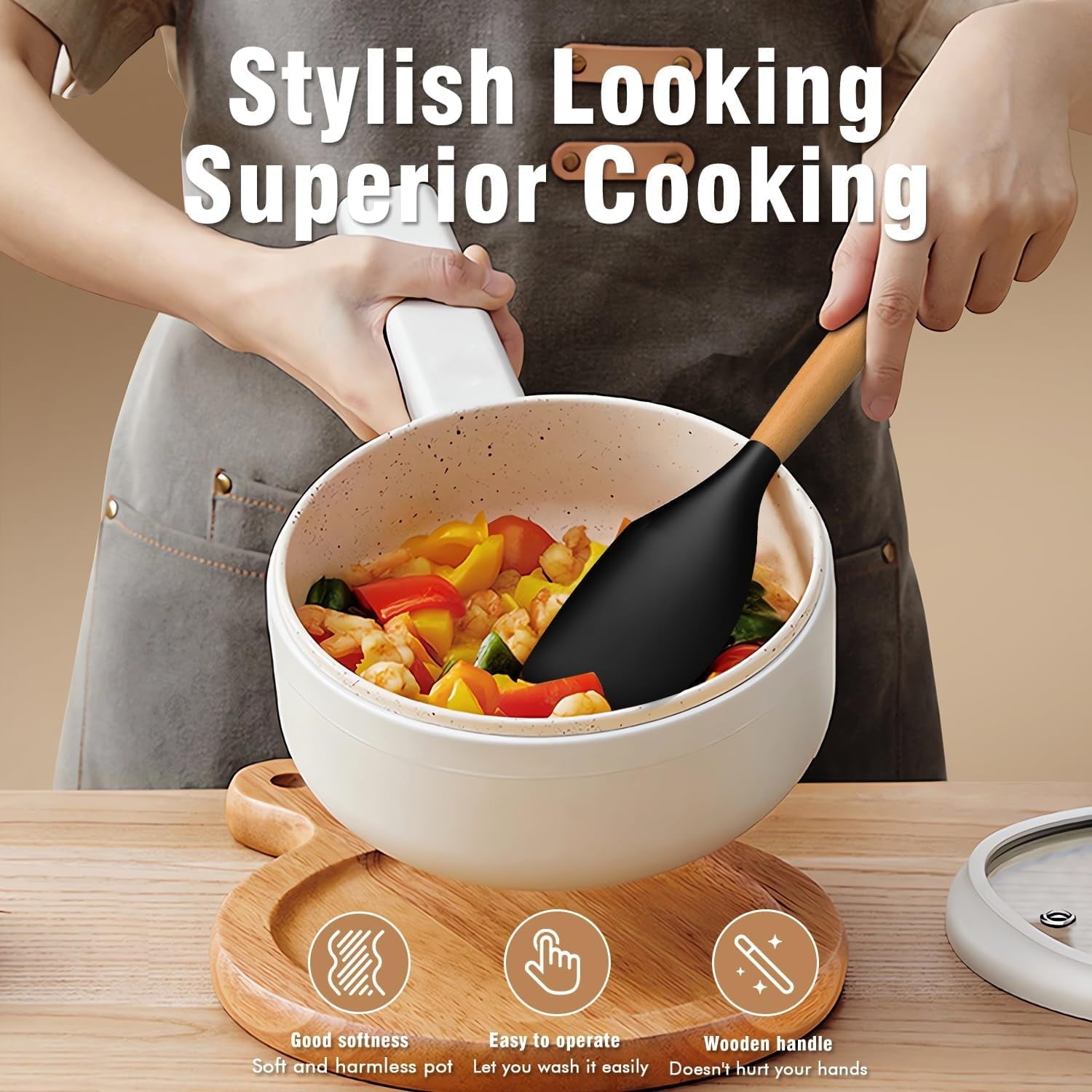 Ergonomic Manual Silicone Cooking Utensils Set - Silicone Kitchen Utensils for Cooking Wooden Handles, 446°F Heat Resistant Kitchen Ut... - Kitchen Gadget Tool for Quick Food Prep Detail