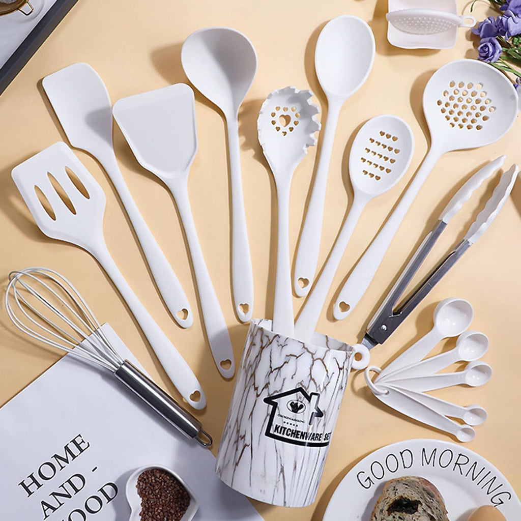 Non-Stick Safe Silicone Cooking Utensils Set - 446°F Heat Resistant Kitchen Utensils,Turner Tongs,Spatula,Spoon,Brush,Whisk,Kitchen ... - Durable Turner & Ladle Utensil Set for Home Chefs Detail