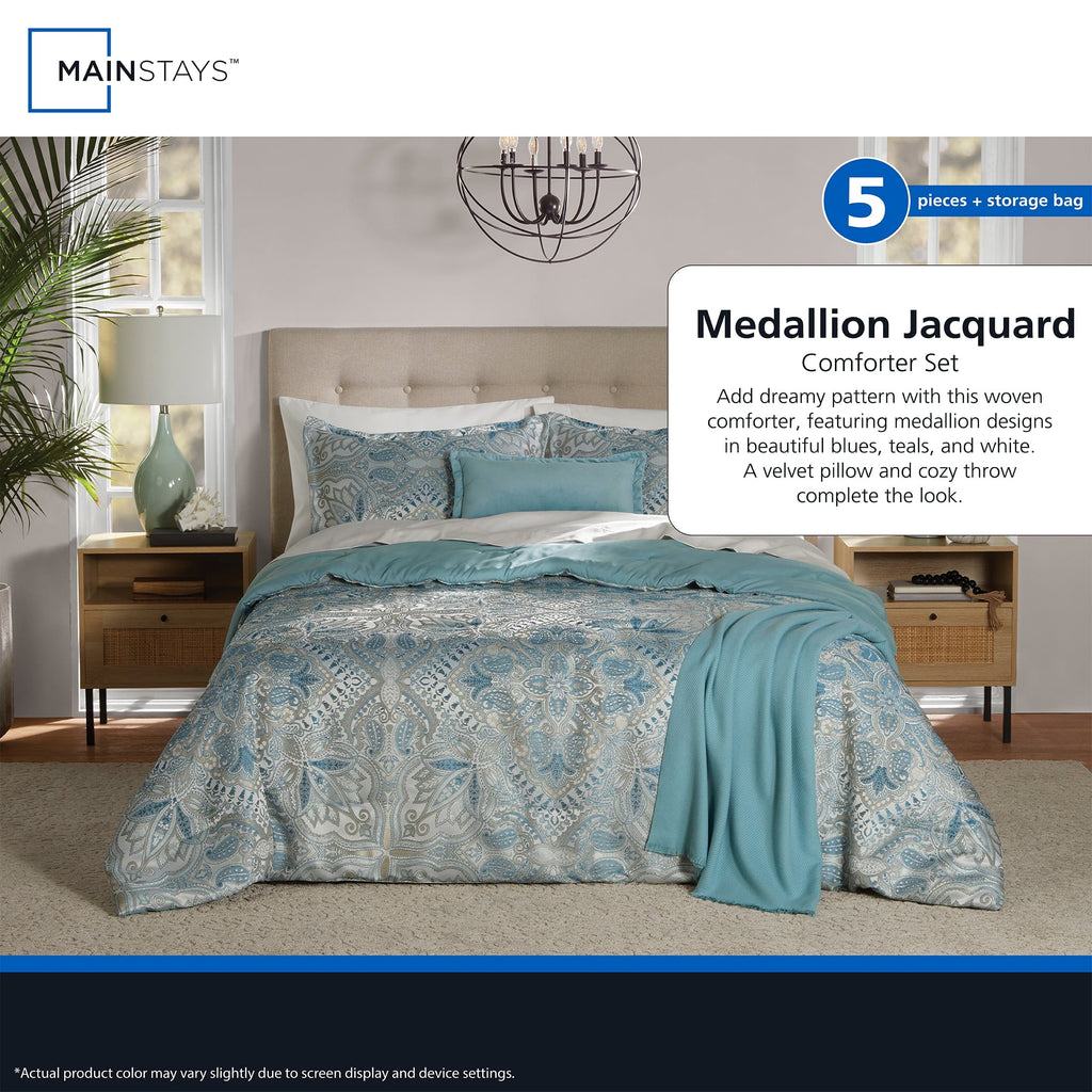 Hypoallergenic Cloud Full/Queen Comforter Set, All-Season, 5-Piece, Teal Jacquard Medallion - Hypoallergenic Ultra-Fluffy Quilt for Winter Detail