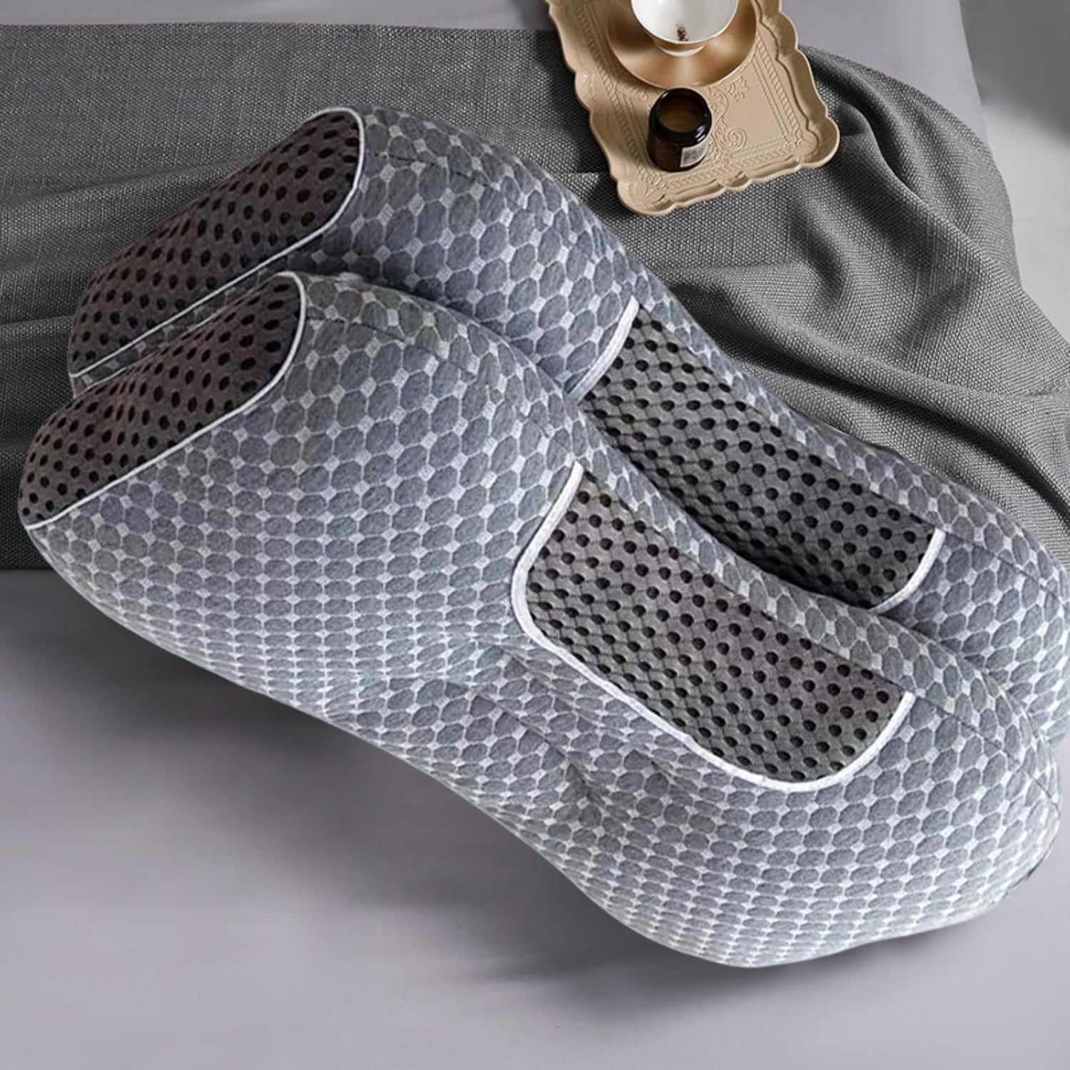 Ergonomic Memory Foam 2-Piece Set - 24"x15" Gray Bed for Back, Side, Stomach Sleepers - Ergonomic Memory Foam Pillow for Neck Pain Support Detail