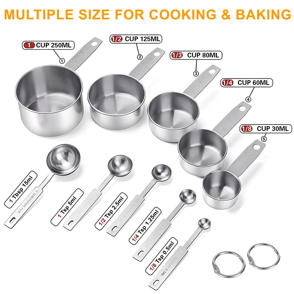 Ergonomic Cooking Measuring Cups and Spoons Set of 10, 5 Stainless Steel Cups and 5 Spoons for Kitchen Cooking Baking - Ergonomic Kitchen Tongs and Cooking Spoon Utensil Detail