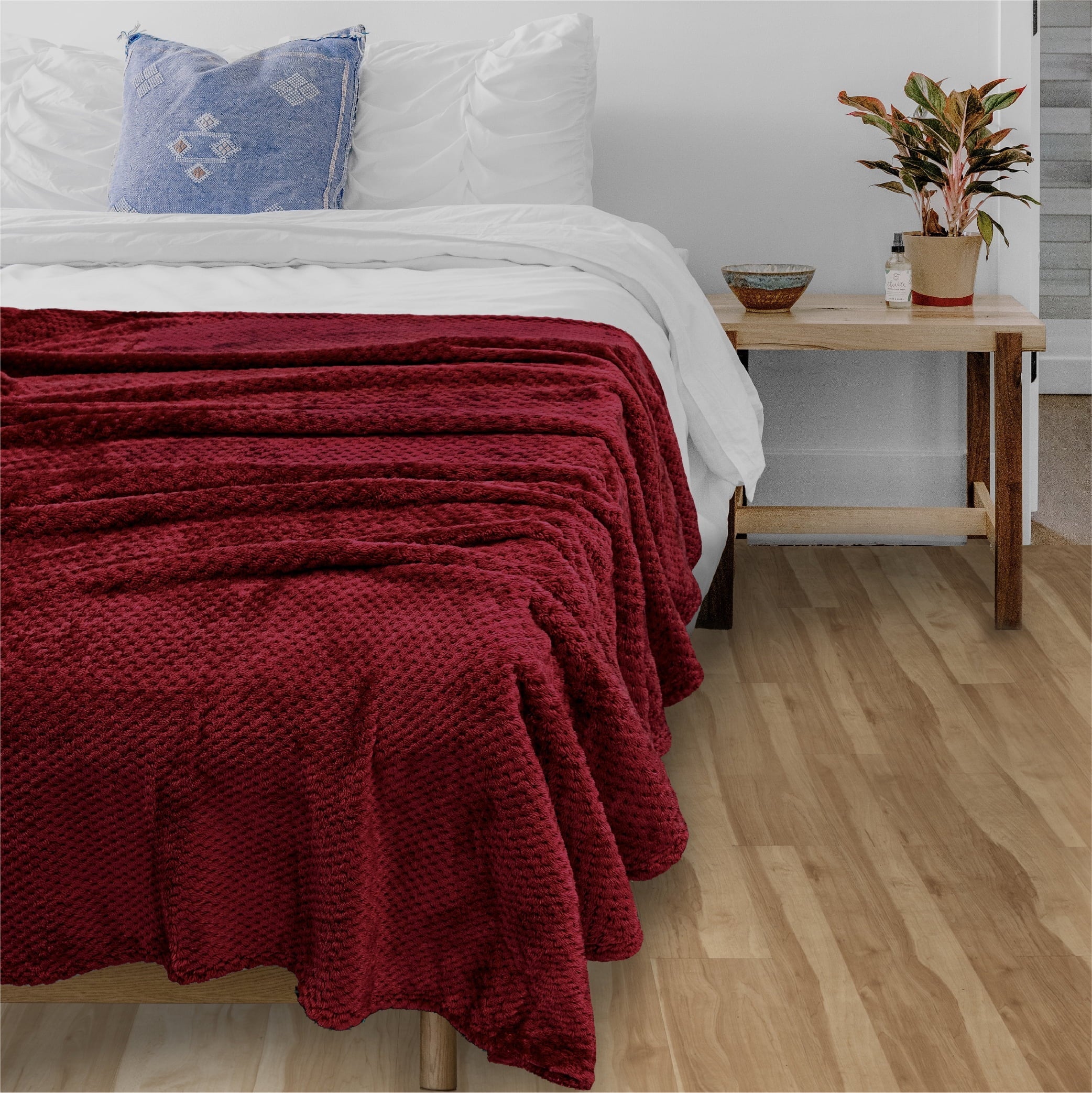 Decorative Knitted Maroon Red Throw Blanket for Couch, Twin Bed, Soft Fleece Throws for Sofa Chair, Fuzzy Waffle Textured Blanket, Cozy ... - Lightweight Plush Warm Blanket for All Seasons Detail