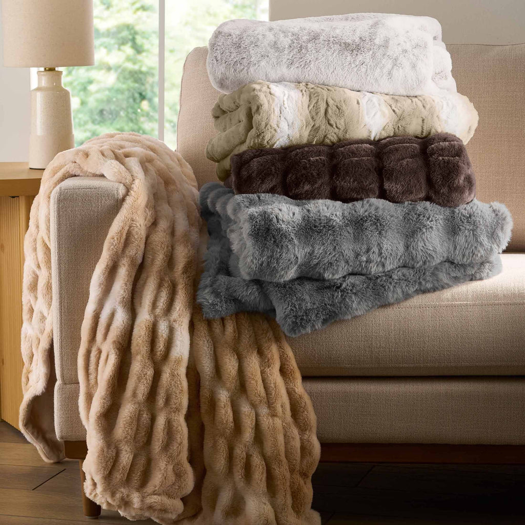 Cozy Fleece Almond Biscuit Ombre Faux Fur Throw, 50"x72" - Luxury Knitted Decorative Throw Blanket with Fringes Detail