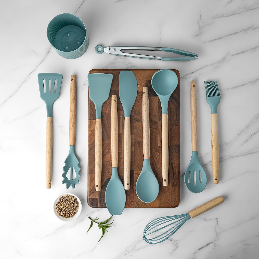 Premium Silicone Small Silicone Cooking Utensils with Holder Set (12Pack), Aqua Kitchen Tools with Wooden Handle for Nonstick... - Premium Stainless Steel Cooking Utensil for Non-Stick Pots Detail