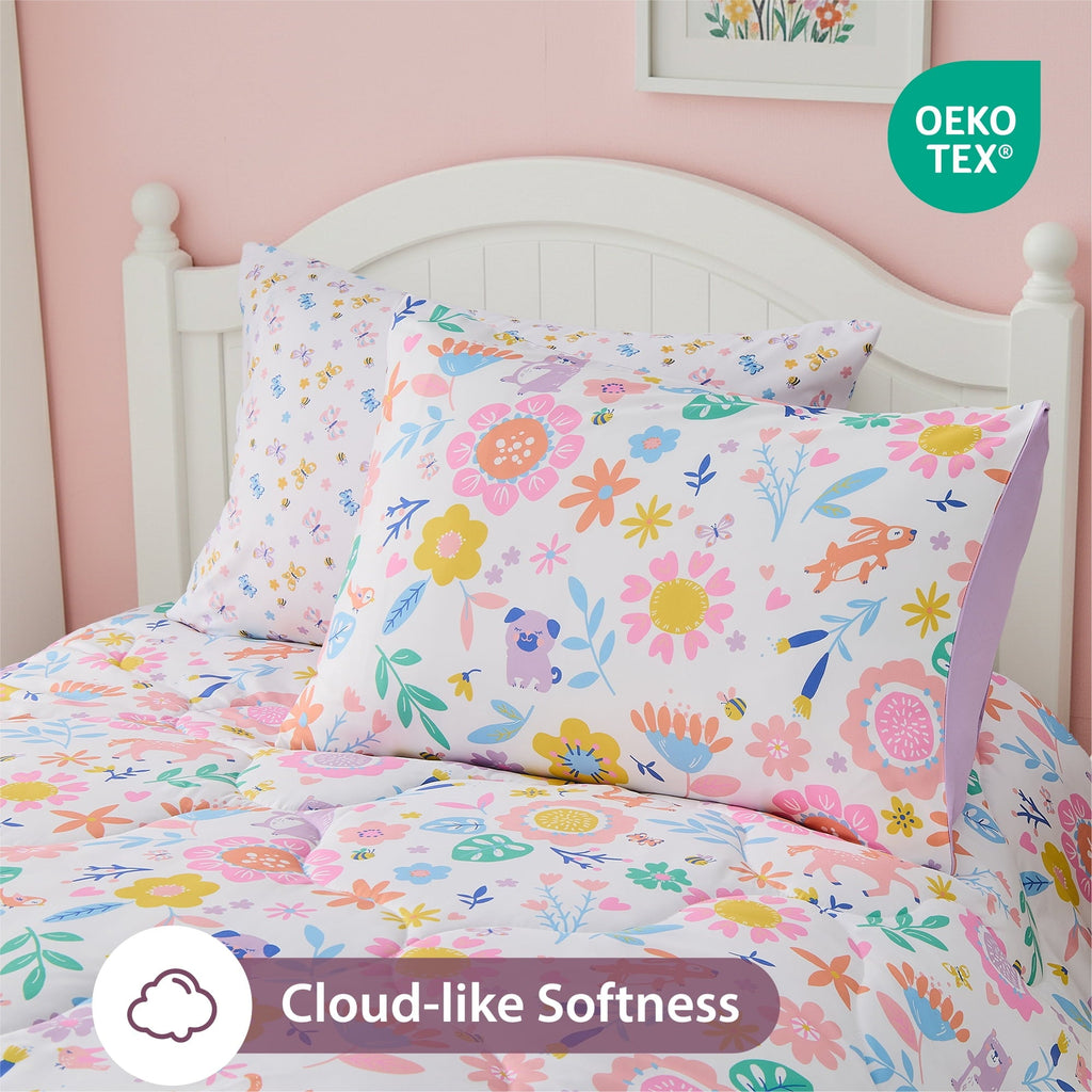 Fluffy Down Alternative Floral Comforter Set, Soft Microfiber Flower Bedding Set, 5 Pieces with Comforter, Sheets and Pillowcases, Twin - Luxurious Quilted Duvet Cover Set Detail