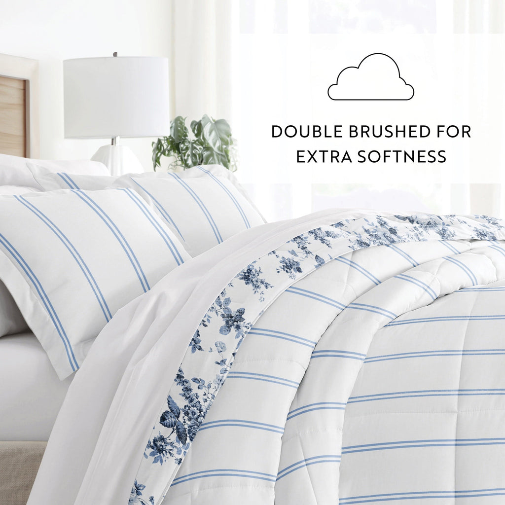 Fluffy Down Alternative Down Alternative Cabbage Rose Stripe Stone Reversible Comforter Set - Hypoallergenic Ultra-Fluffy Quilt for Winter Detail
