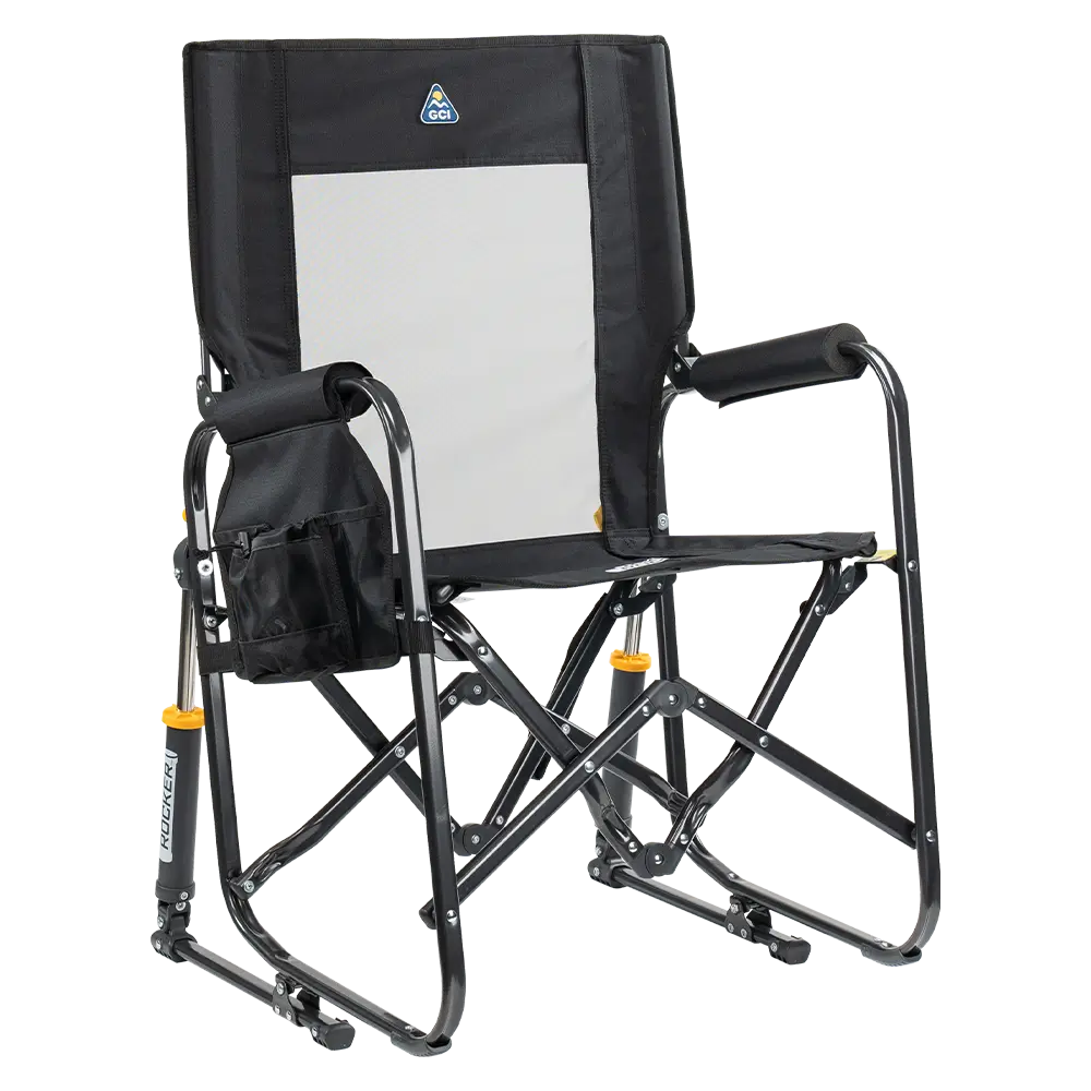 Luxury Camp Stowaway Rocker - Choice 794 - Heavy-Duty Kickback Rocker with Beverage Holder - Black