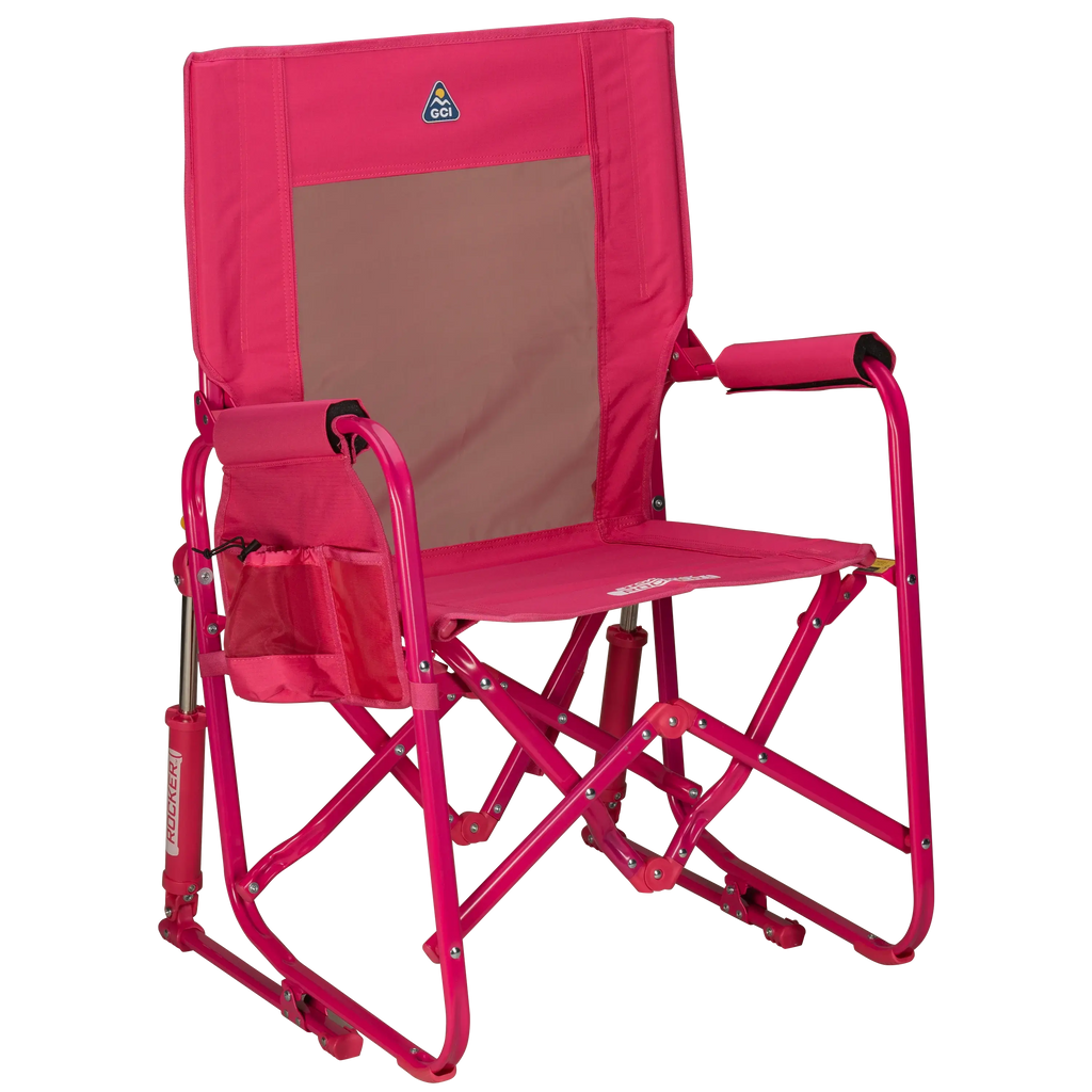 Luxury Camp Stowaway Rocker - Choice 794 - Heavy-Duty Kickback Rocker with Beverage Holder - Bright Pink