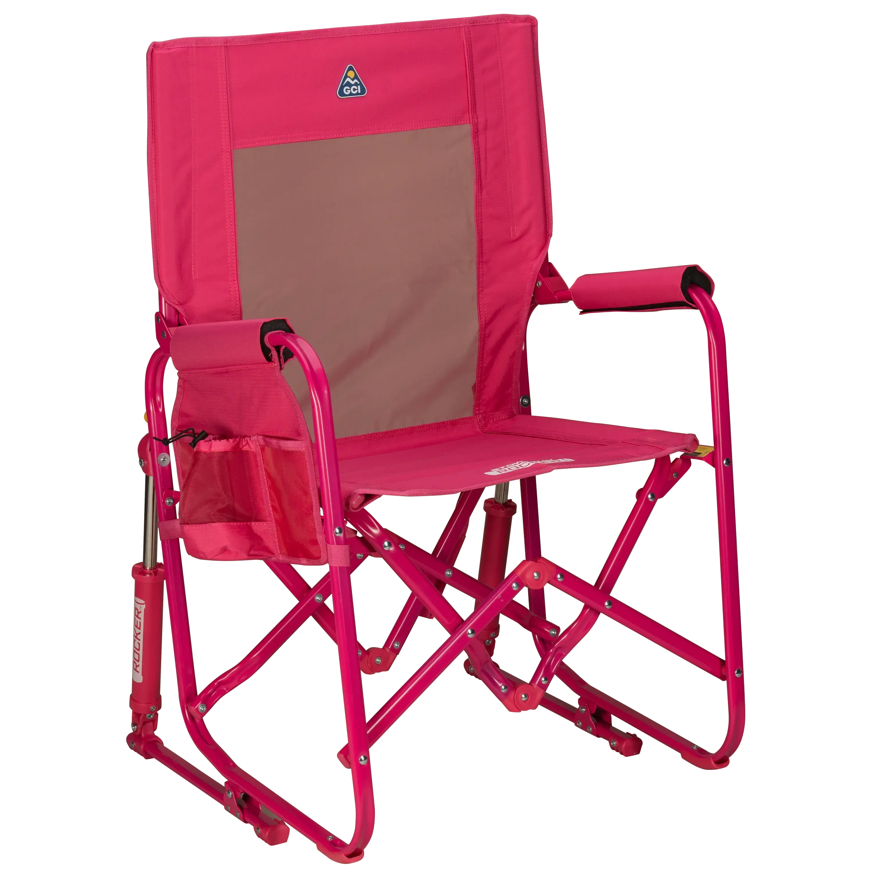 Luxury Camp Stowaway Rocker - Choice 794 - Heavy-Duty Kickback Rocker with Beverage Holder - Bright Pink