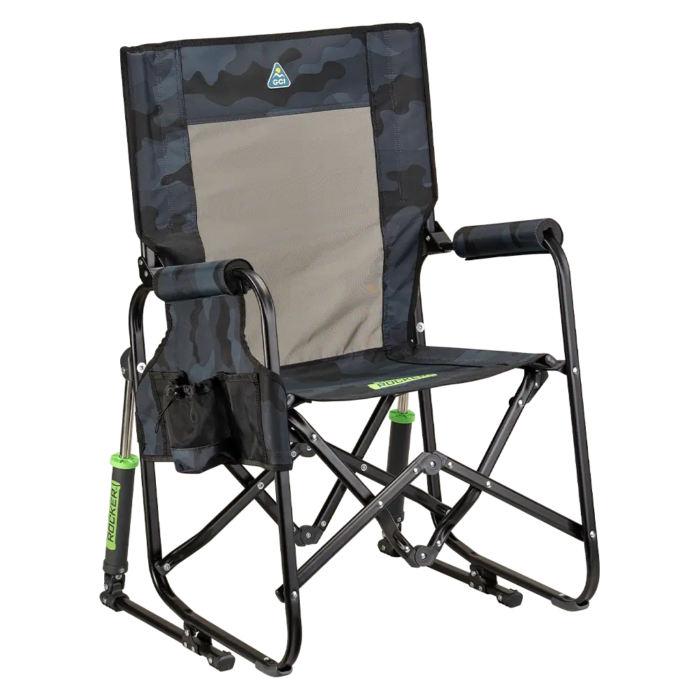 Luxury Camp Stowaway Rocker - Choice 794 - Heavy-Duty Kickback Rocker with Beverage Holder - Stealth Camo