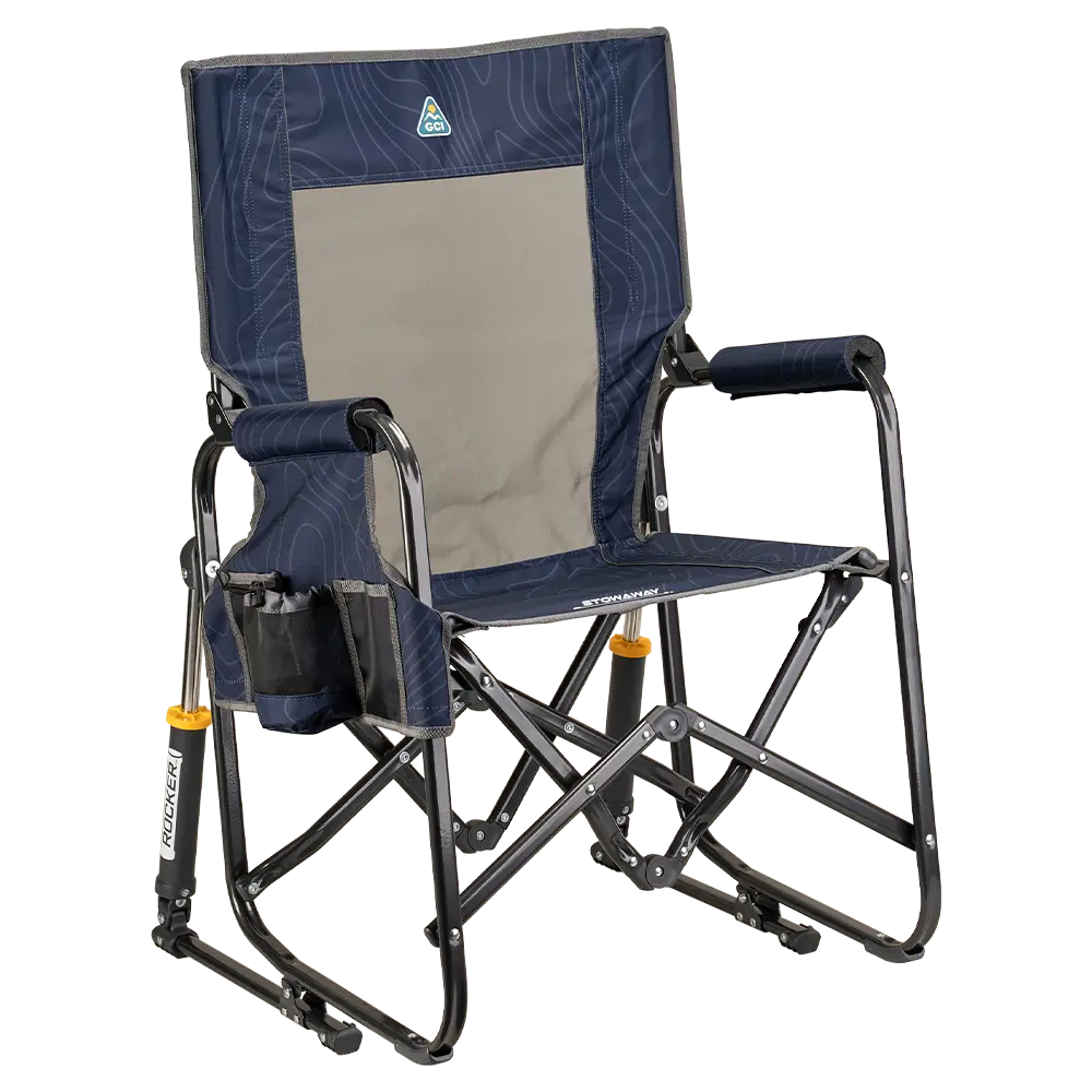 Luxury Camp Stowaway Rocker - Choice 794 - Heavy-Duty Kickback Rocker with Beverage Holder - Navy Topo
