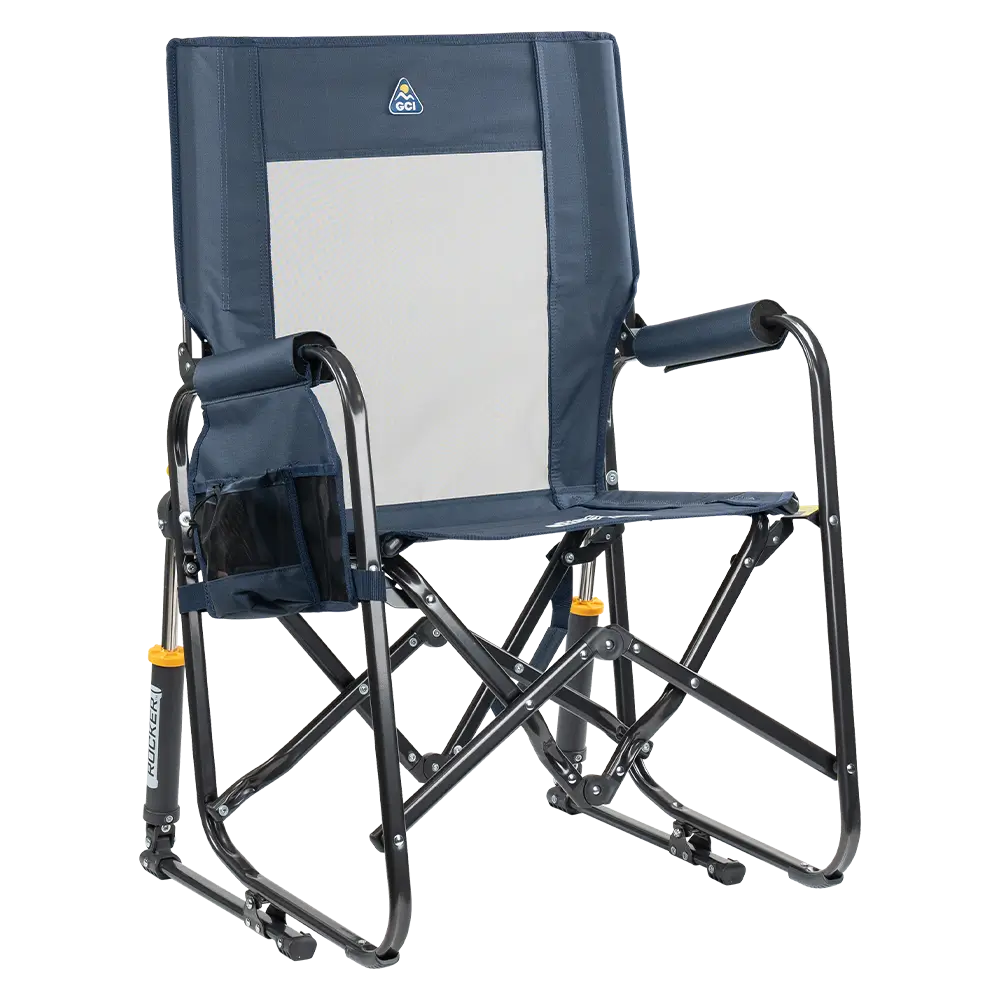 Luxury Camp Stowaway Rocker - Choice 794 - Heavy-Duty Kickback Rocker with Beverage Holder - Denim