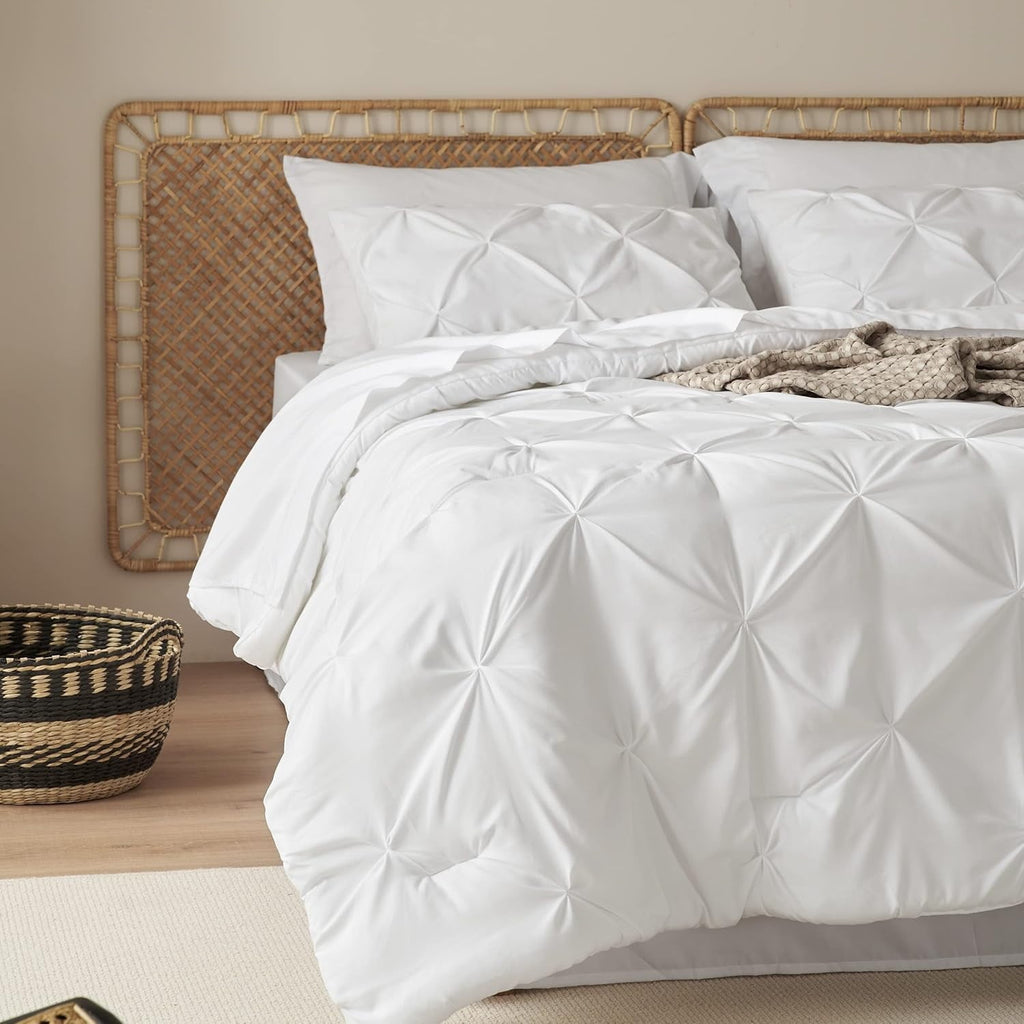 All-Season White Queen Comforter Set- 7 Pieces Pintuck Bedding Set with Comforters, Sheets, Pillowcases & Shams - Luxurious Quilted Duvet Cover Set Detail