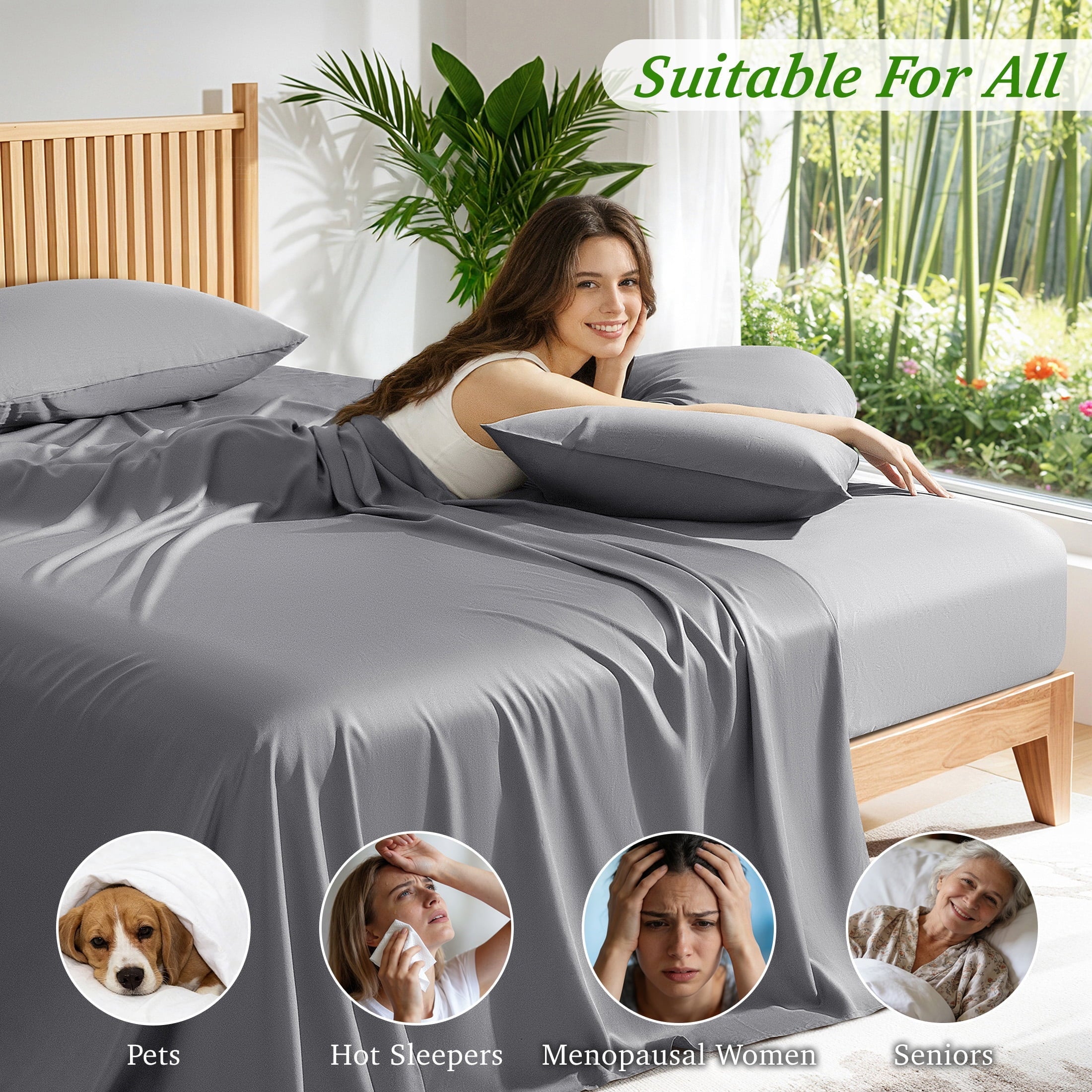 Premium Egyptian Cotton Bamboo Queen Sheet Set, Luxury Soft 4 Pieces Bed Sheets with 18" Deep Pocket, Gray - Cooling Hotel Quality Bedding Sheets and Pillowcases Detail