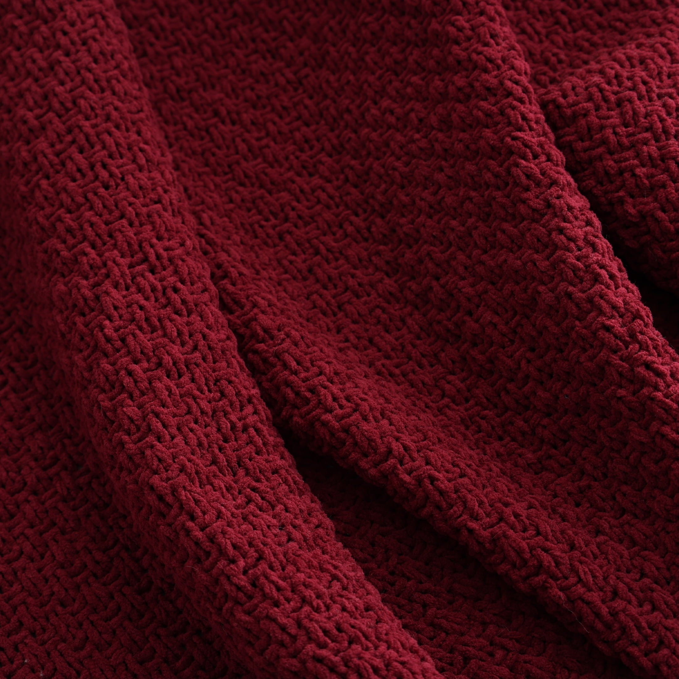 Lightweight Warm Chenille Knit Super Soft Oversized Throw Blanket, Merlot Wine - Luxury Knitted Decorative Throw Blanket with Fringes Detail