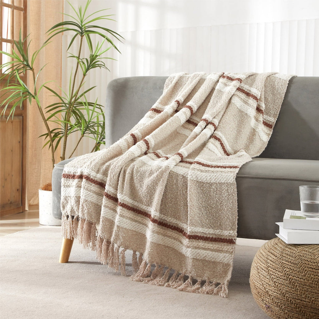 Super Soft Flannel 60" x 50" Cozy Striped Porcini Chenille Throw - Super Soft Reversible Sherpa Flannel Blanket Detail