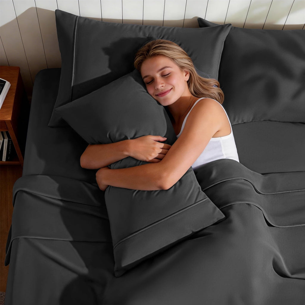 Premium Egyptian Cotton Sheets,Soft Hotel Luxury Polyester Washed Cotton,4 Piece Sheets Set,with 14" Deep Pocket,Dark Gray - Premium Ultra-Soft Pillowcase Pair for Sleeping Detail