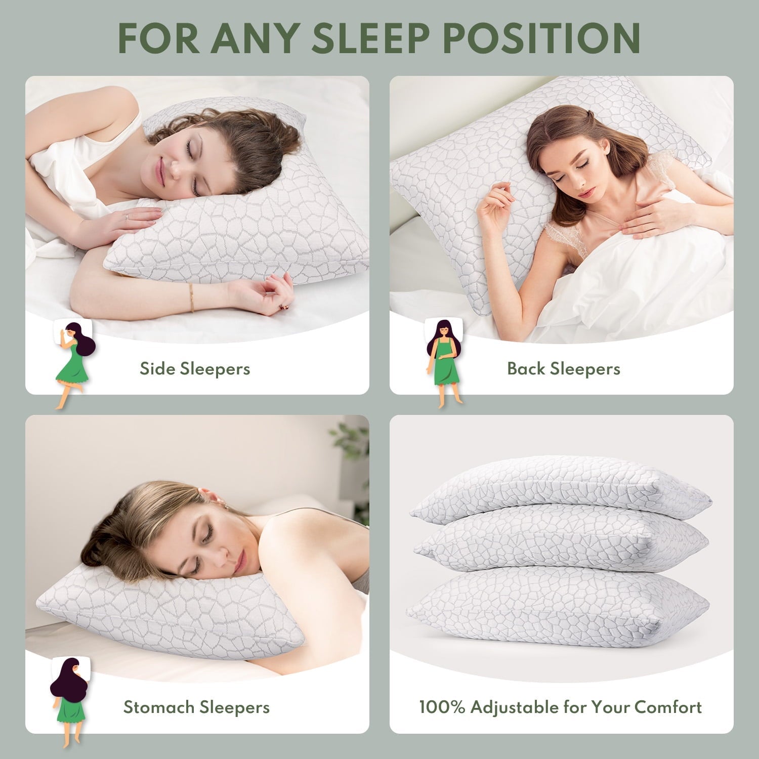 Ergonomic Memory Foam Cooling Memory Foam Queen Pillows for bed 2 Pack,Adjustable Support & Heat Dissipation Tech for Side,Back,Stomach & H... - Hotel Quality Plush Sleeping Pillows Detail