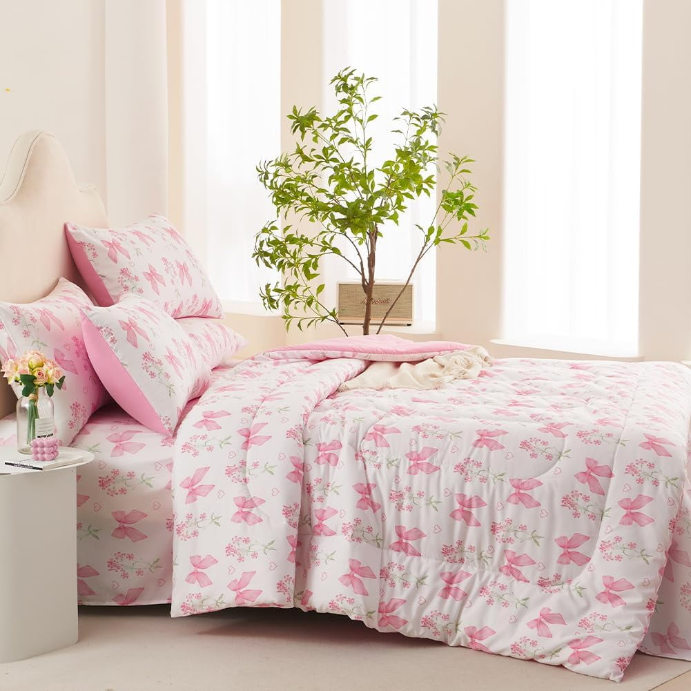 Hypoallergenic Cloud Pink Bowknot Girls Comforter Set Twin Size, 3 Pieces Bows Princess Style Bedding Set for Girls for All Season - Hypoallergenic Ultra-Fluffy Quilt for Winter Detail