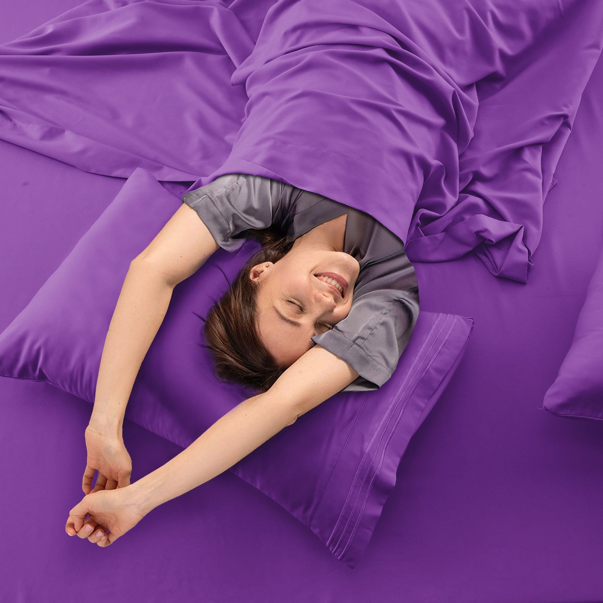 Premium Egyptian Cotton King Bed Sheets - 16 Inch Deep Pocket 6 Piece Microfiber Bedding Sheets & Pillowcase Sets - Purple - Breathable Egyptian Cotton Flat & Fitted Sheets Detail