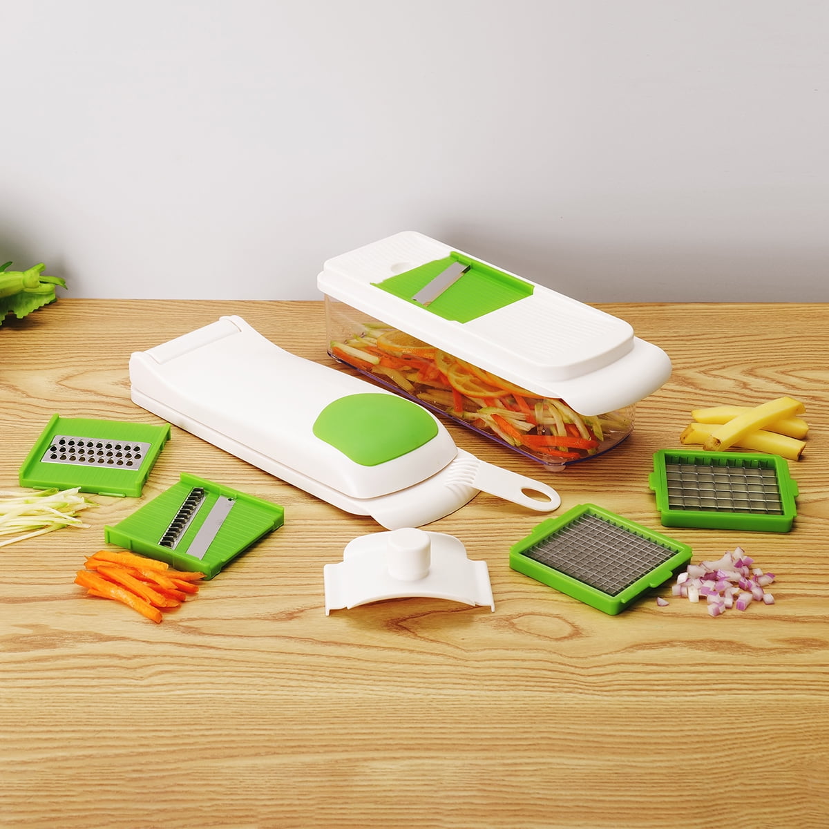 Multi-Functional 11 Pieces Multi-Function Nice Dicer and Mandoline, Stainless Steel, Green Glaze, 820g - Multi-Functional Manual Food Chopper & Slicer Detail