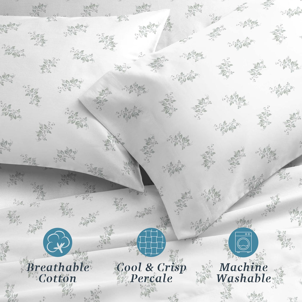 Ultra-Soft 100% Cotton Percale 4-Piece Queen Size Deep Pocket Printed Bed Sheets Set, 1 Fitted, 1 Flat Sheet with 2 Pillowcases,... - Luxury Bed Sheet Set with Deep Pockets Detail