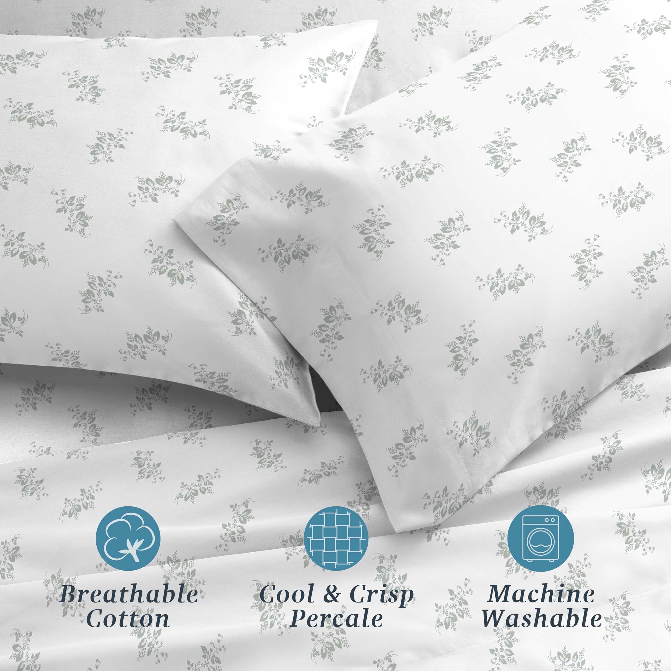 Ultra-Soft 100% Cotton Percale 4-Piece Queen Size Deep Pocket Printed Bed Sheets Set, 1 Fitted, 1 Flat Sheet with 2 Pillowcases,... - Luxury Bed Sheet Set with Deep Pockets Detail