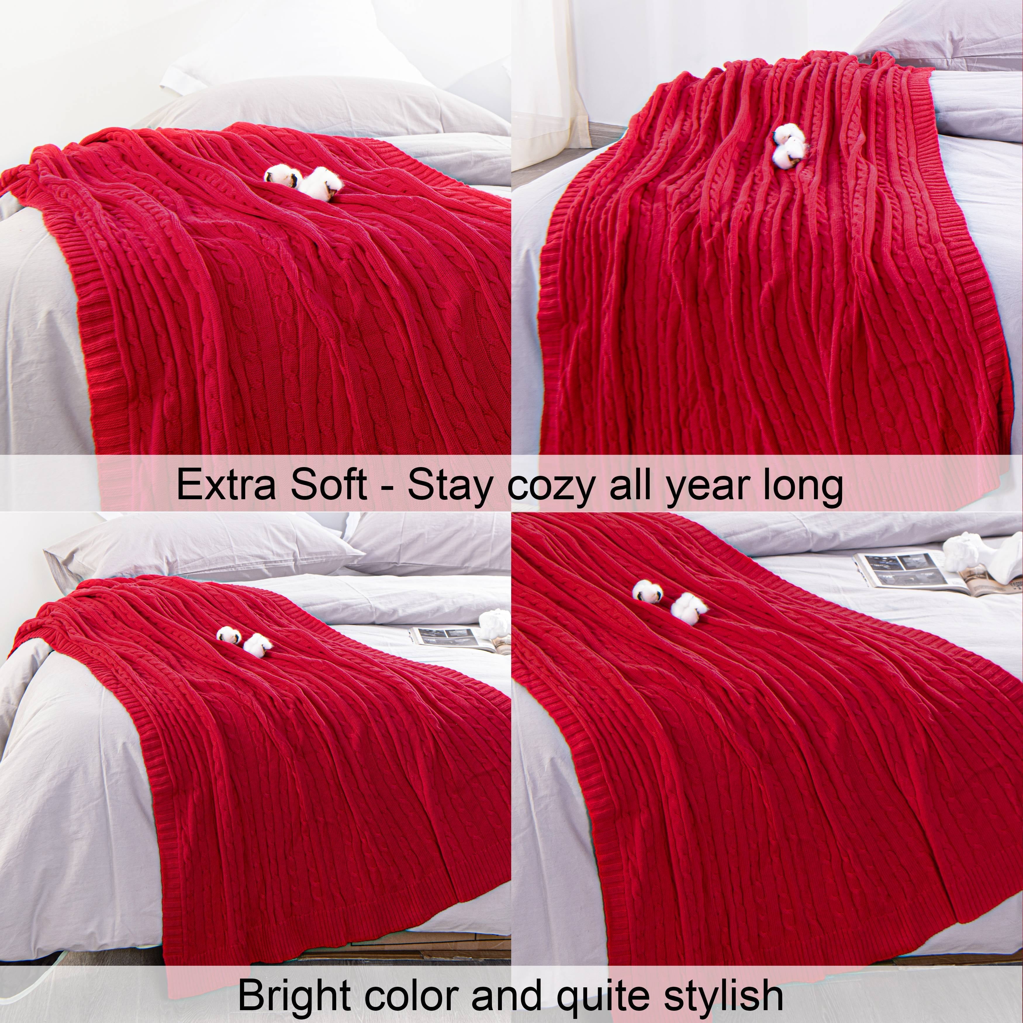 Cozy Fleece 100% Cotton Cable Knit Throw, Super Soft Warm Knitted Blanket Home Decor, 51"x67", Red - Super Soft Reversible Sherpa Flannel Blanket Detail