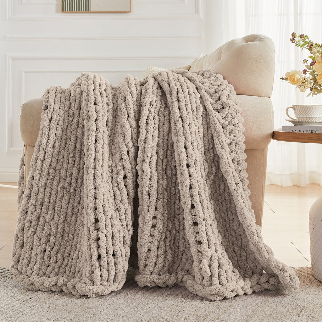Lightweight Warm Chunky Knit Throw Blanket Handmade Soft Throws for Couch Sofa Bed, 50" x 60" Taupe - Luxury Knitted Decorative Throw Blanket with Fringes Detail