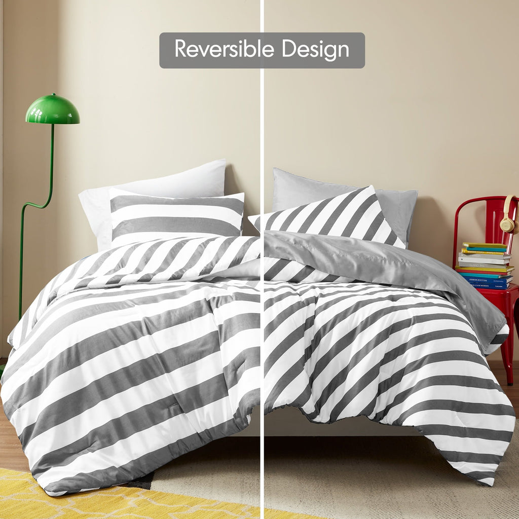 Luxurious Quilted Full/Queen Size Comforter Sets, 3-Piece Bedding Set Full/Queen, Reversible Striped Comforter Bed Set, Charcoal - Luxurious Quilted Duvet Cover Set Detail
