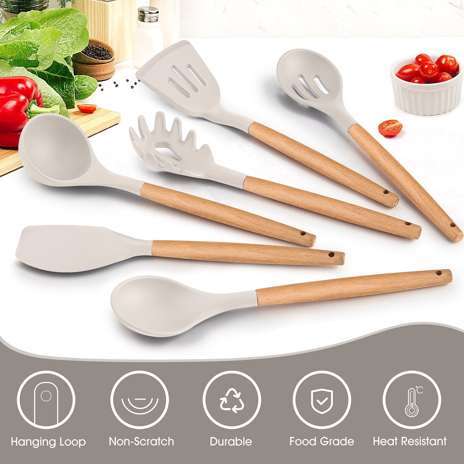 Non-Stick Safe Kitchen Utensils Set of 6, Silicone Cooking Utensils with Wooden Handle, Non-Stick Cookware & Heat Resistant, Include... - Heat-Resistant Silicone Cooking Spatula Turner Detail